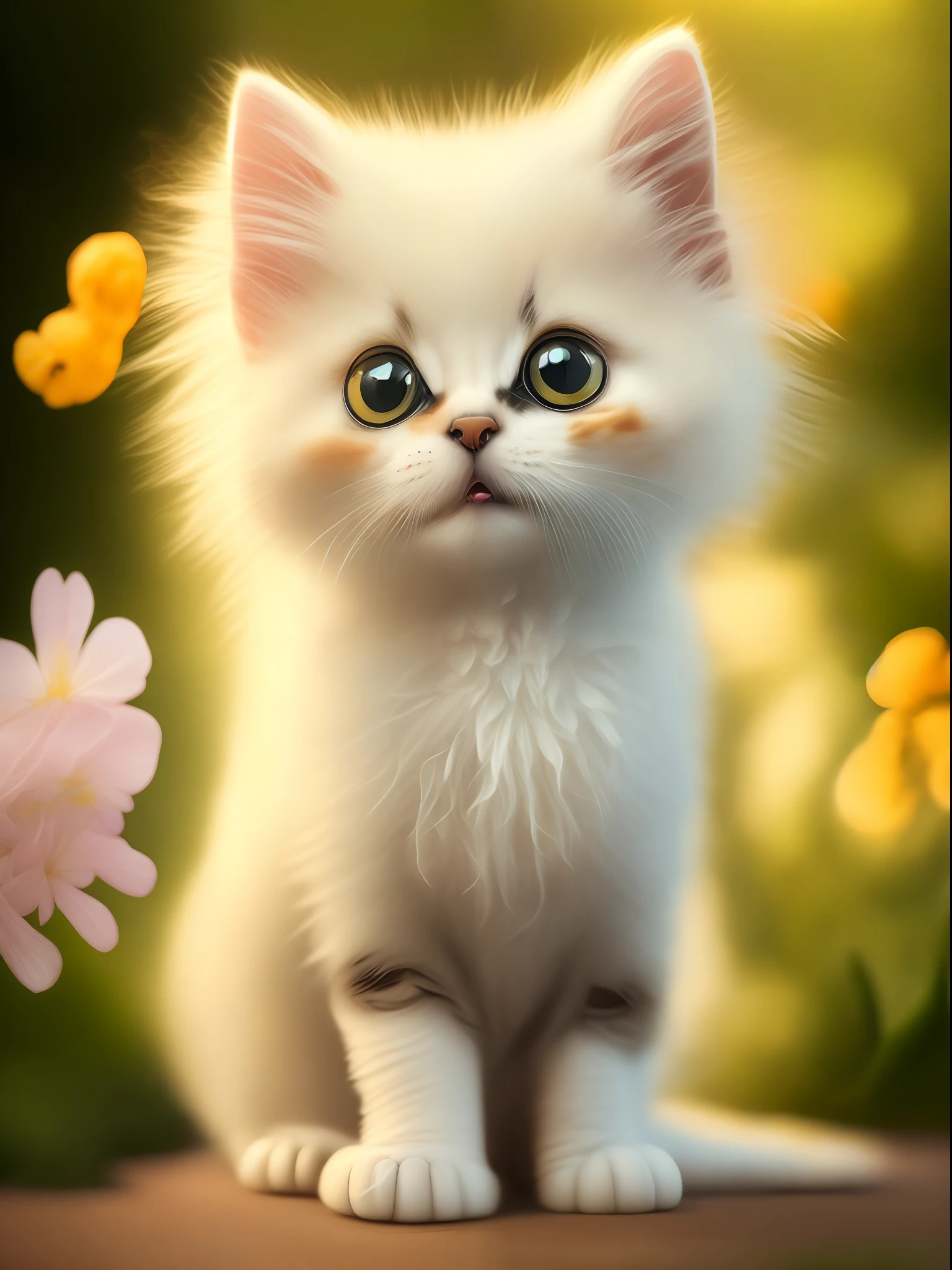 Very cute furry white tropical punk kitten, big eyes, flowers, flowers, full body, laughter, professional light, depth of field 8k, golden magic moment, professional photography, octane rendering, super realistic - amazing sunlight, dynamic composition, photography, sharp focus, background bokeh, open mouth, laugh !!!