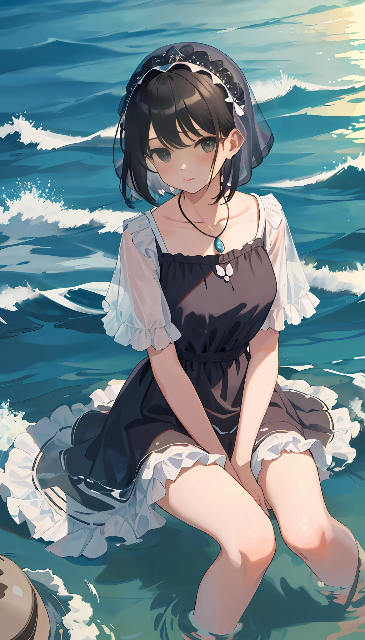 Masterpiece, Superb 1girl, upper body, sitting, sweeping bangs, short hair, black hair, dress, ruffles, outdoors, horizon, sky, ocean, water, water world, waves, ripples, necklace, veil, headdress,