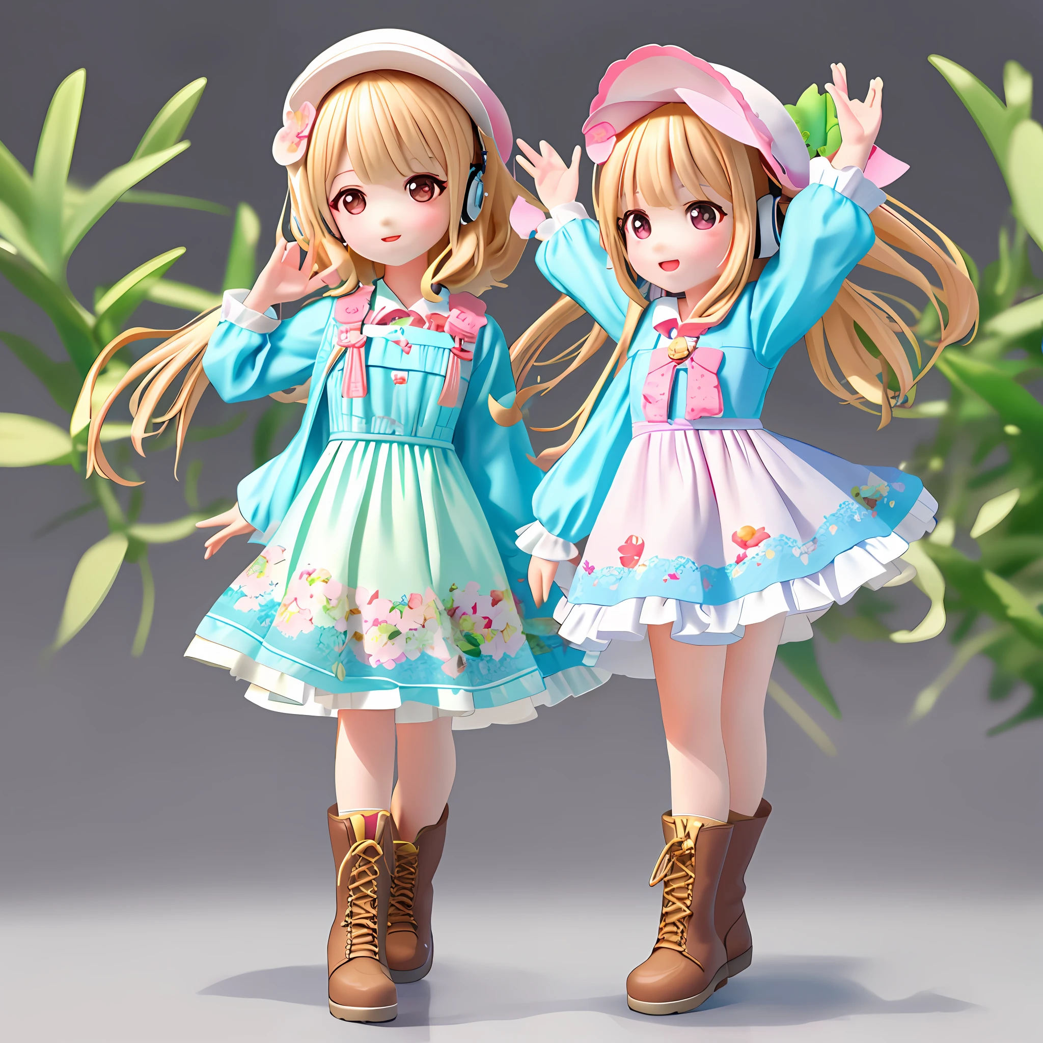a Super cute girl ,Wearing a floral dress,Wearing boots,Wearing a hat and earphones，big watery eyes,full body,looking at viewer,open hands，MD clothing, clothing wrinkles，clean background,dreamy,excited,super cute girl IP by pop mart ,high detail ,hyper quality,Bright color,mockup blind box toy,disney style ,fine luster,3D render,oc render,best quality ,bright,front lighting,Face Shot,fine luster,ultra detoiled ，8k,