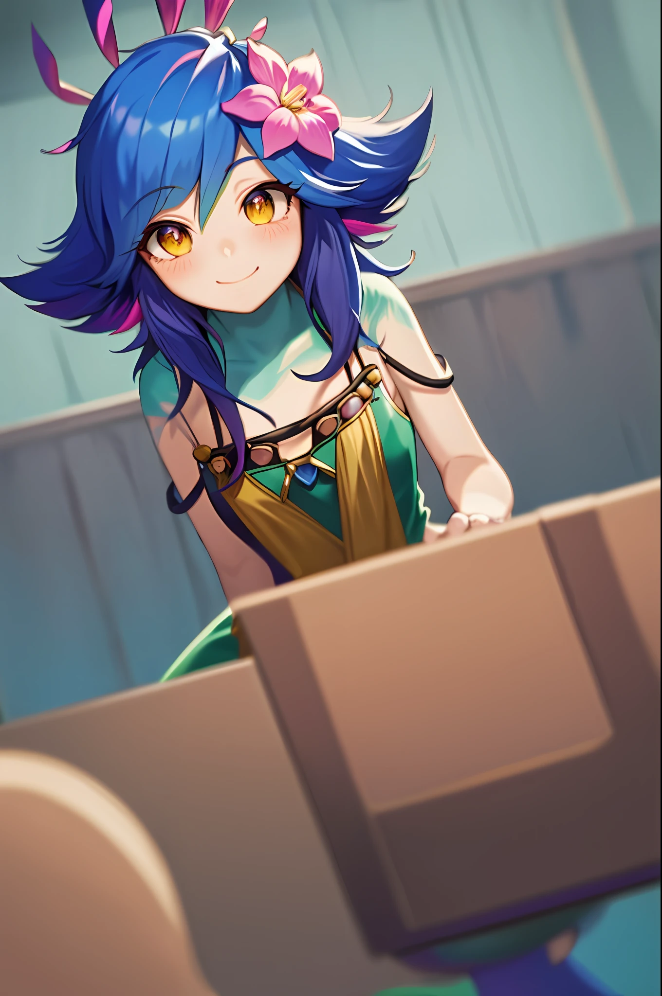 Cute, smile, proud, proud smile, blush, happy, excited, high viewing angle, Neeko, League of Legends Neeko, blue hair, chameleon tail, pink flower in hair