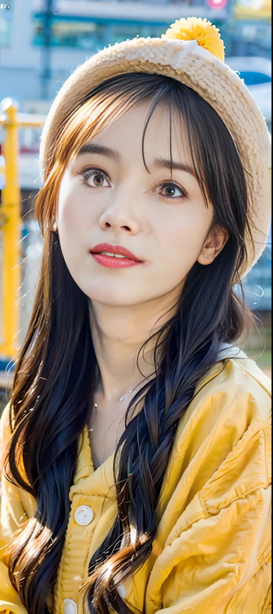 a close up of a person wearing a yellow hat and a yellow jacket, lalisa manobal, dilraba dilmurat, long hair with full bangs, brown long hair with bangs, long hair with bangs, ruan cute youtuber, with bangs, wavy hair yellow theme, with full bangs, with cute - fine eyes - face lips, cindy avelino, (best quality, Raw sharp photo, 8k, masterpiece:1.2)