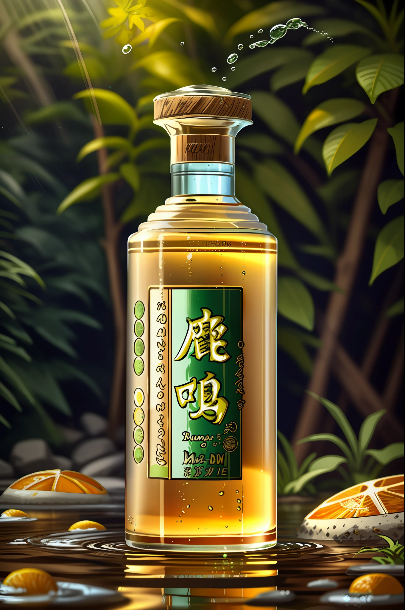 A Luming brand liquor product picture, in the river scene, there are water splashes, water ripples and green plants, retaining the color of the bottle, sunlight, natural lighting, soft light, blazing yellow, colorful embellishments, product photography, commercial photography, realistic and realistic, intricate details, 32K picture quality, telephoto lens, Sony lens, high quality