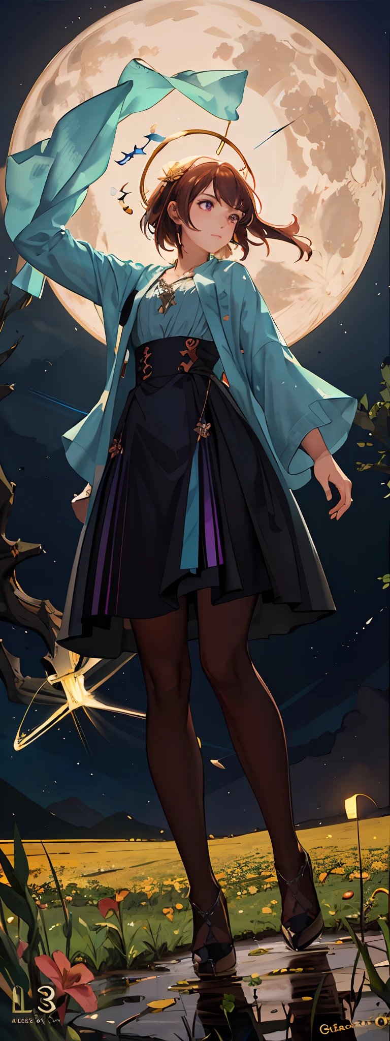 Vast landscape photos, (from below, the sky above, open fields below), a girl standing on a flower field looking up, characters 0.8 (Full Moon: 1.2), (Meteors: 0.9), (Nebula: 1.3), distant mountains, trees BREAK Making art, (warm light source: 1.2), (Firefly: 1.2), lamps, lots of purple and orange, intricate details, volumetric lighting, realism BREAK (Masterpiece: 1.2), (Best Quality), 4K, Ultra-Detailed, (Dynamic Composition: 1.4), Very Detailed, Colorful Detail, (Iridescent Color: 1.2), (Glow Illumination, Atmospheric Lighting), Dreamy, Magical, (Solo: 1.2)