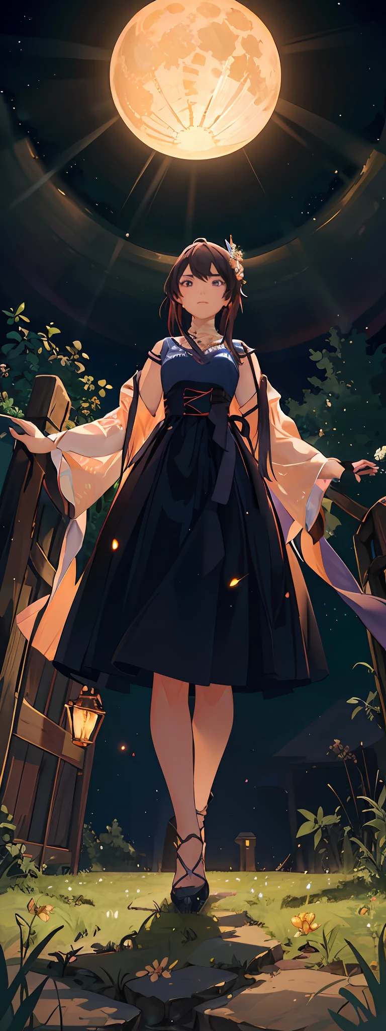 Vast landscape photos, (from below, the sky above, open fields below), a girl standing on a flower field looking up, characters 0.8 (Full Moon: 1.2), (Meteors: 0.9), (Nebula: 1.3), distant mountains, trees BREAK Making art, (warm light source: 1.2), (Firefly: 1.2), lamps, lots of purple and orange, intricate details, volumetric lighting, realism BREAK (Masterpiece: 1.2), (Best Quality), 4K, Ultra-Detailed, (Dynamic Composition: 1.4), Very Detailed, Colorful Detail, (Iridescent Color: 1.2), (Glow Illumination, Atmospheric Lighting), Dreamy, Magical, (Solo: 1.2)