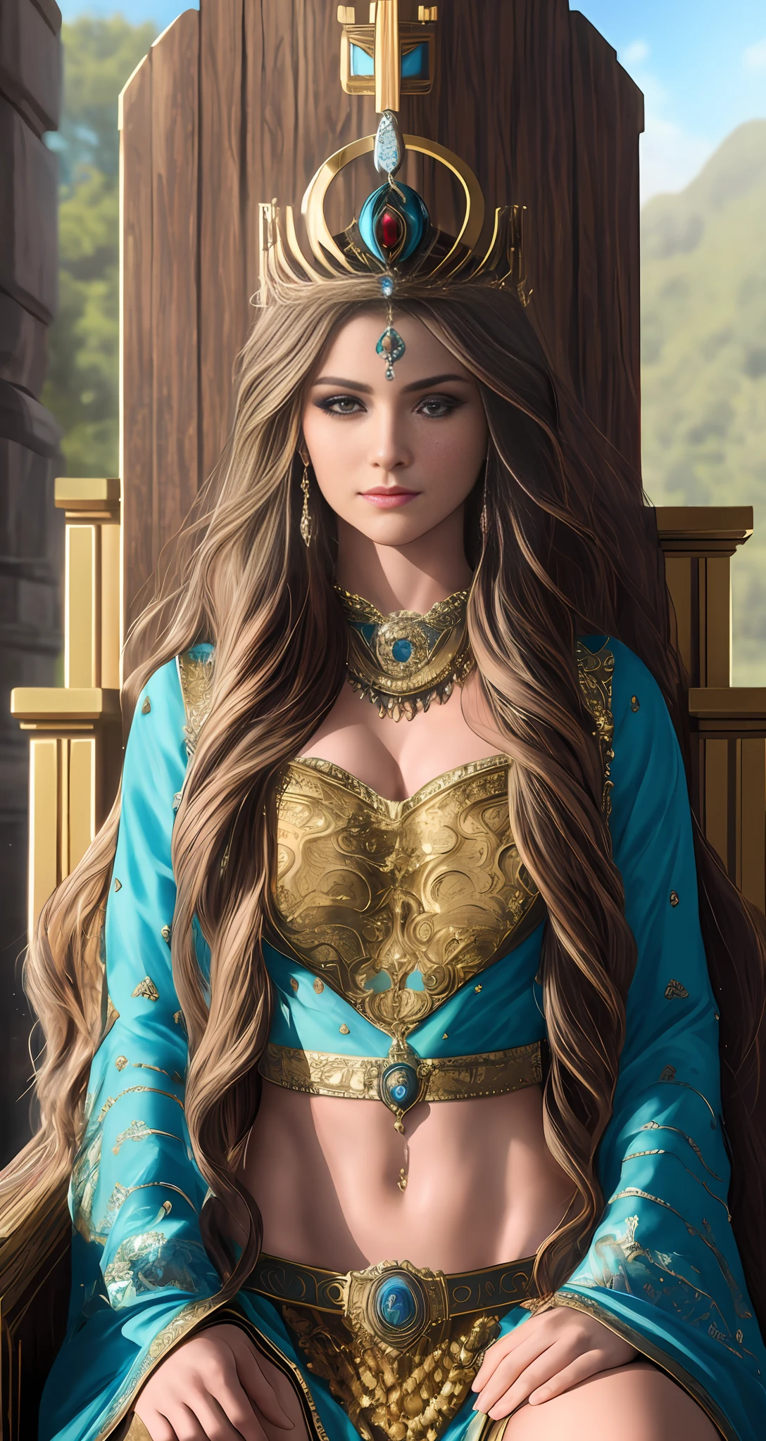 best quality, masterpiece, highres, photo realistic, ultra realistic, sun tyndall effect,photorealistic, dark studio, rim lighting, tone lighting,(high detailed skin:), 8k uhd, dslr, soft lighting, high quality, volumetric lighting, (((midriff exposed))), candid, photograph, high resolution, 4k, 8k, bokeh, ultra realistic 8k cg, (epic:, perfect artwork, masterpiece, ancient dynasty, medieval, fantasy), (((detailed background))), 20yo queen, abs, (A stunning God-like beauty), (striking facial features, detailed hair) dynamic angle, (((throne room))), amazing stunningly beautiful, sitting on throne, wavy shiny hair, golden wet skin shining, full body portrait, glamour, perfect soft curves, perfect body, perfect boobs, ultra realistic,