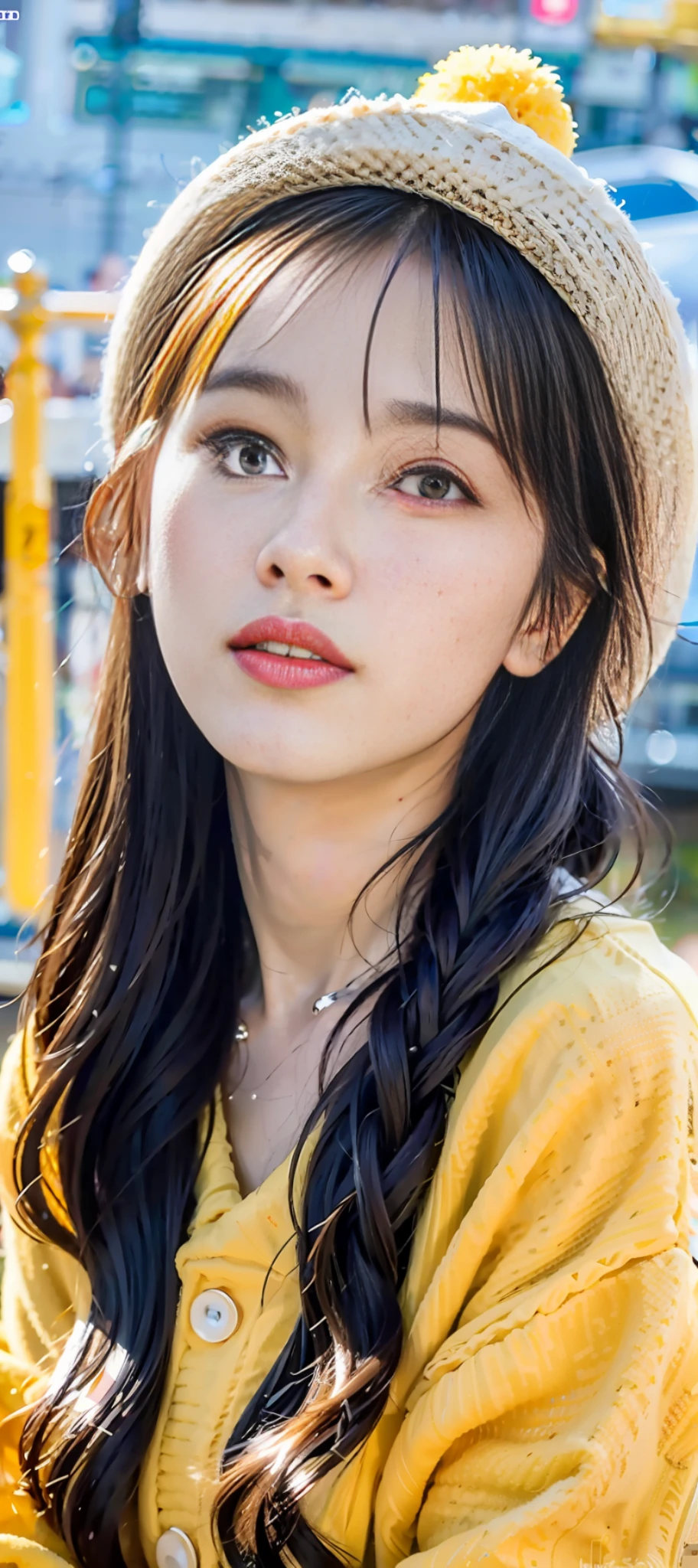 a close up of a person wearing a yellow hat and a yellow jacket, lalisa manobal, dilraba dilmurat, long hair with full bangs, brown long hair with bangs, long hair with bangs, ruan cute youtuber, with bangs, wavy hair yellow theme, with full bangs, with cute - fine eyes - face lips, cindy avelino, (best quality, Raw sharp photo, 8k, masterpiece:1.2)