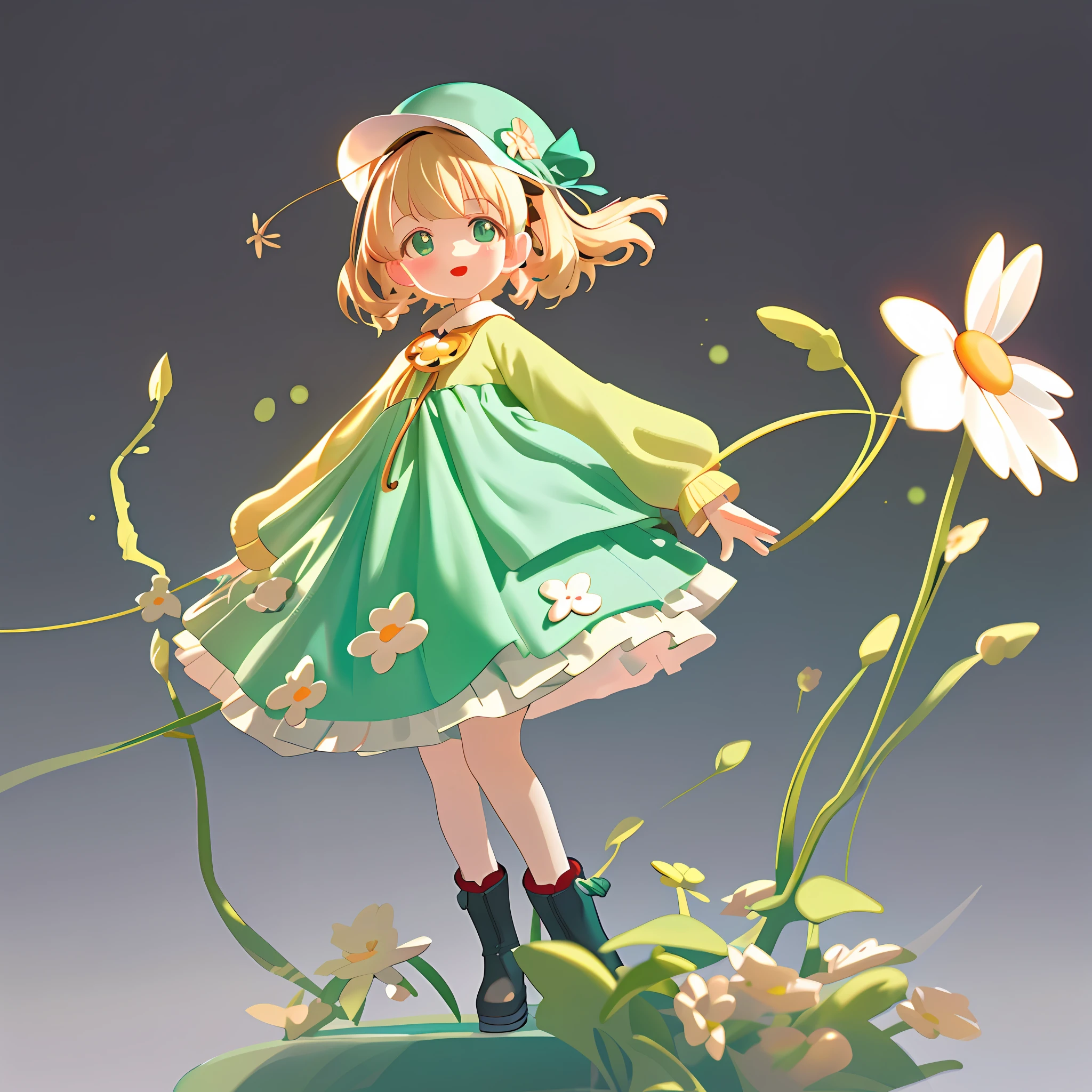 a Super cute girl ,Wearing a floral dress,Wearing boots,Wearing a hat and earphones，big watery eyes,full body,looking at viewer,open hands，MD clothing, clothing wrinkles，clean background,dreamy,excited,super cute girl IP by pop mart ,high detail ,hyper quality,Bright color,mockup blind box toy,disney style ,fine luster,3D render,oc render,best quality ,bright,front lighting,Face Shot,fine luster,ultra detoiled ，8k,
