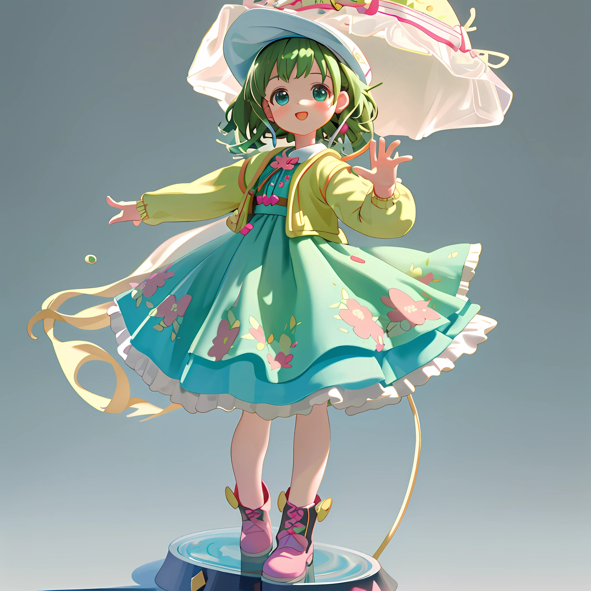 a Super cute girl ,Wearing a floral dress,Wearing boots,Wearing a hat and earphones,big watery eyes,full body,looking at viewer,open hands,MD clothing, clothing wrinkles,clean background,dreamy,excited,super cute girl IP by pop mart ,high detail ,hyper quality,Bright color,mockup blind box toy,disney style ,fine luster,3D render,oc render,best quality ,bright,front lighting,Face Shot,fine luster,ultra detoiled ,8k,