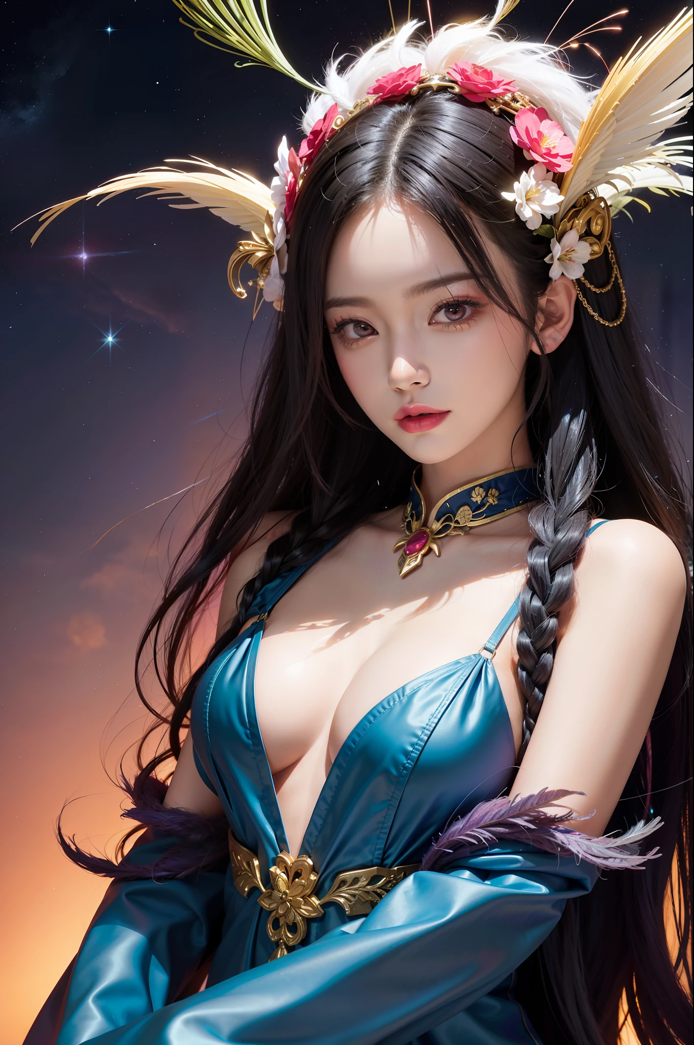 (Masterpiece, Top Quality, Best Quality, Extreme Detail, Supreme Detail, Official Art, Beauty and Aesthetics: 1.2), Colorful, Denim Shot, Upper Body Shot, Beautiful Face, Solo, Perfect Body, On Sky Clouds, Flying in the Sky, Portrait of a Girl, Silver Gradient Hair, (Black Hair | Pink Hair: 1.2), Fairy, Flowing Streamers, (Sexy, Coquettish, Lewd, Slutty, Obsessive, Exhibitionism: 1.4), Sun Rays, Clouds, Full Body, Hanfu, Chinese Clothes, Water, Fireflies, Night, Starry Sky, Jewelry, Feathers on Dresses, Peacock Feathers, Light Particles, Volumetric Lighting, Ray Tracing (Flowing Streamers: 1.1), (Fantasy Novels: 1.2), Illuminators, Stars, Fantasy, High Contrast, Ink Strokes, Overexposure, Impressions of Purple and Red Tones, Abstraction, (Watercolors by John Berkey and Jeremiman)) Brush Strokes,