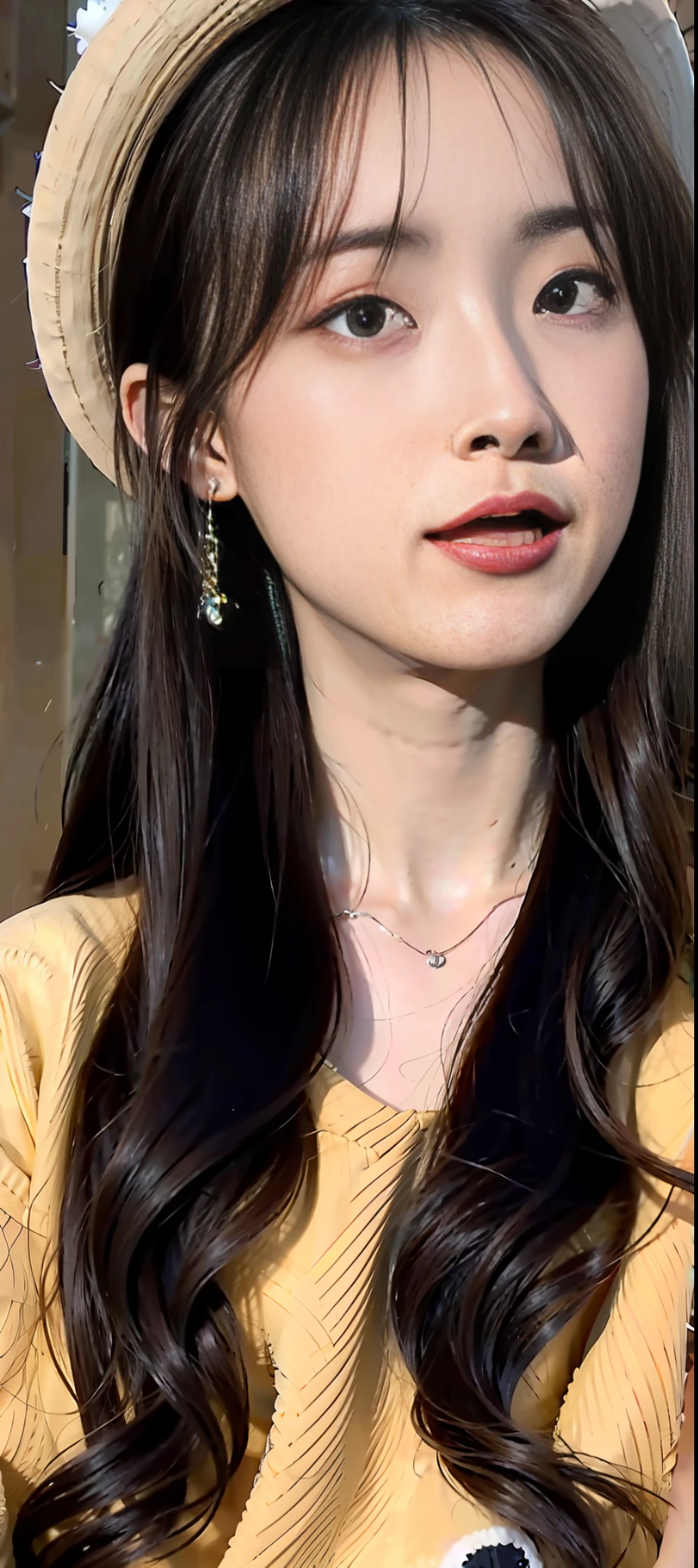a close up of a person wearing a yellow hat and a yellow jacket, lalisa manobal, dilraba dilmurat, long hair with full bangs, brown long hair with bangs, long hair with bangs, ruan cute youtuber, with bangs, wavy hair yellow theme, with full bangs, with cute - fine eyes - face lips, cindy avelino, (best quality, Raw sharp photo, 8k, masterpiece:1.2)