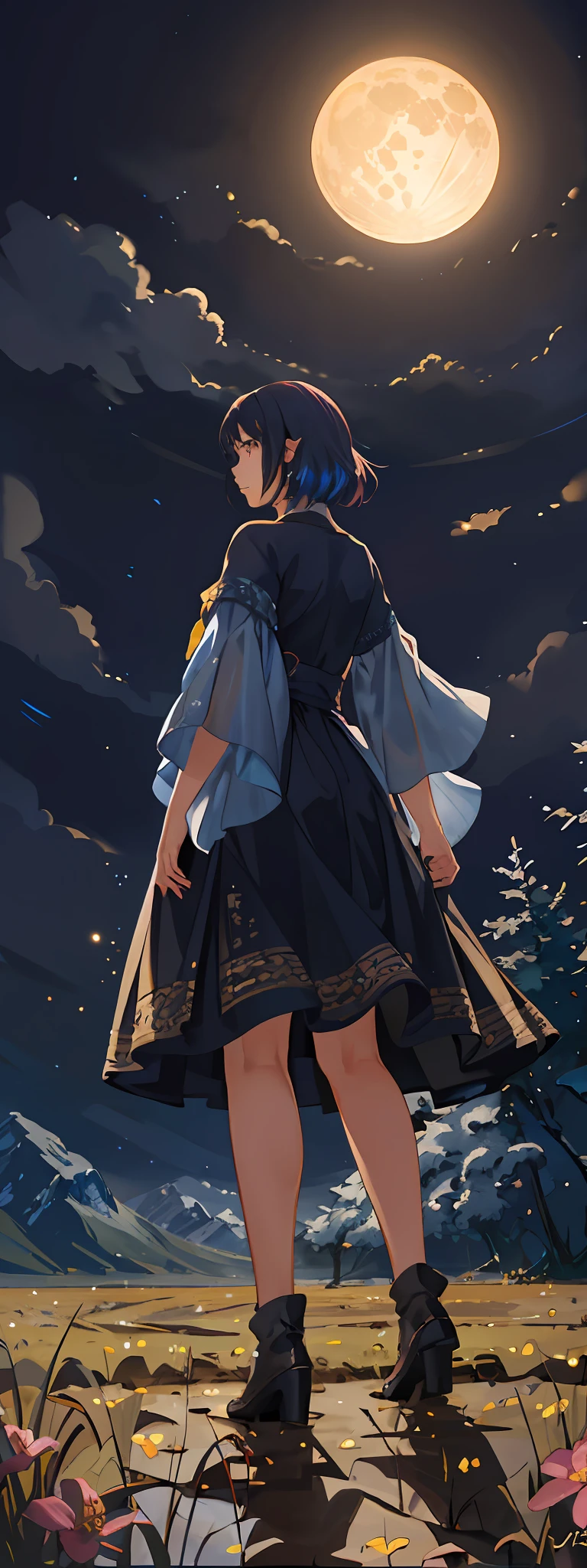 Vast landscape photos, (from below, the sky above, open fields below), a girl standing on a flower field looking up, characters 0.6 (Full Moon: 1.2), (meteors: 0.9), (Nebula: 1.3), distant mountains, trees BREAK Making art, (warm light source: 1.2), (Firefly: 1.2), lamps, lots of purple and orange, intricate details, volumetric lighting, realism BREAK (Masterpiece: 1.2), (Best Quality), 4K, Ultra-Detailed, (Dynamic Composition: 1.4), Very Detailed, Colorful Detail, (Iridescent Color: 1.2), (Glow Illumination, Atmospheric Lighting), Dreamy, Magical, (Solo: 1.2)