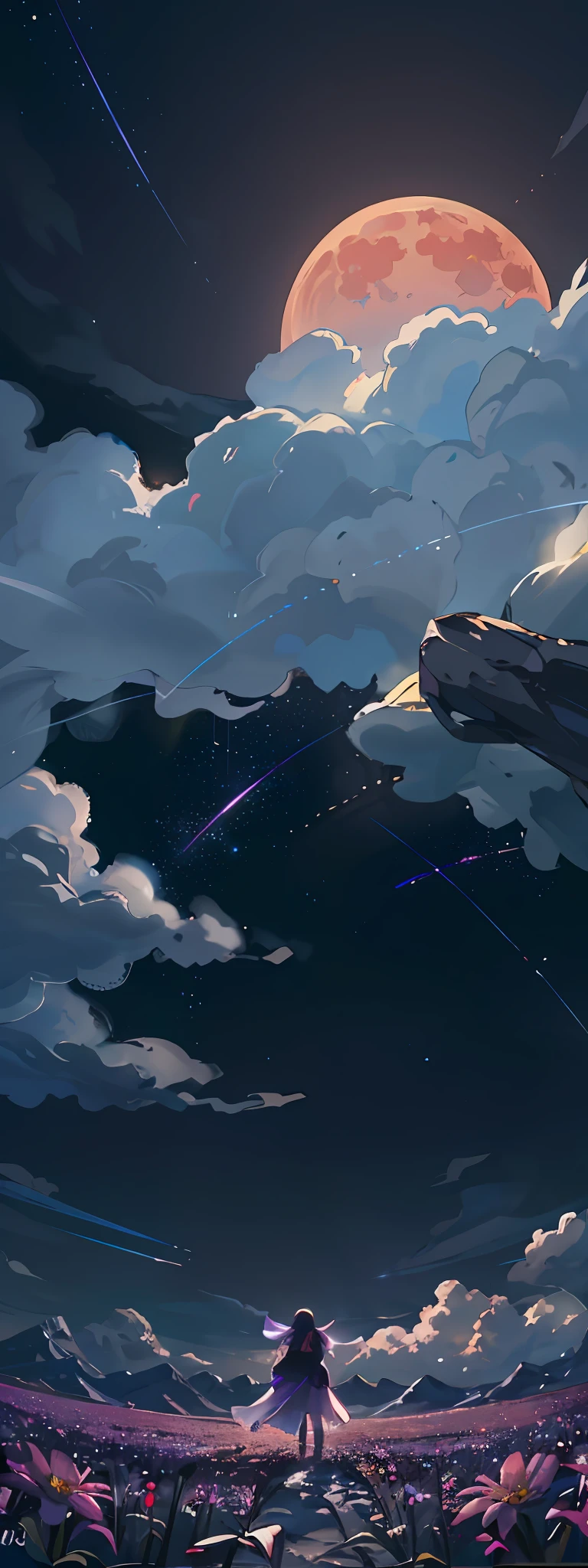Vast landscape photos, (from below, the sky above, open fields below), a girl standing on a flower field looking up, characters 0.6 (Full Moon: 1.2), (meteors: 0.9), (Nebula: 1.3), distant mountains, trees BREAK Making art, (warm light source: 1.2), (Firefly: 1.2), lamps, lots of purple and orange, intricate details, volumetric lighting, realism BREAK (Masterpiece: 1.2), (Best Quality), 4K, Ultra-Detailed, (Dynamic Composition: 1.4), Very Detailed, Colorful Detail, (Iridescent Color: 1.2), (Glow Illumination, Atmospheric Lighting), Dreamy, Magical, (Solo: 1.2)