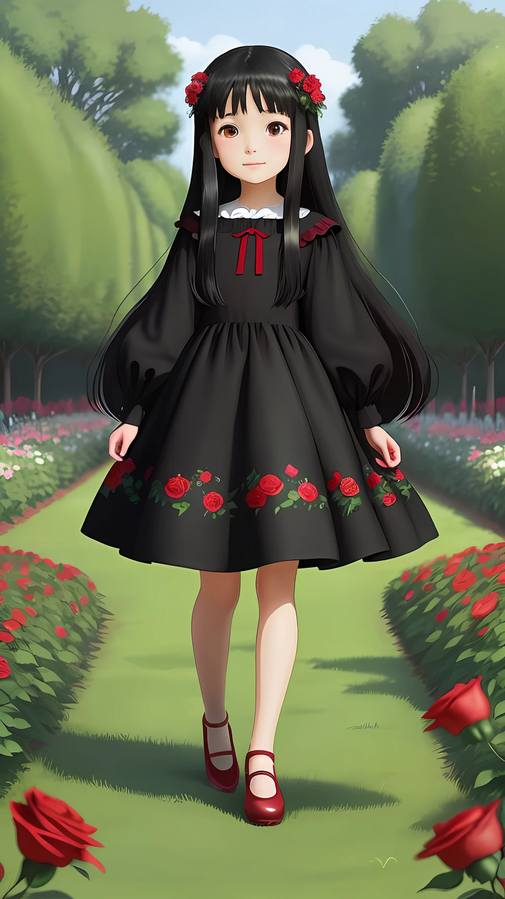 A beautiful eight-year-old girl, long black hair, wearing a red dress, full body in a garden of colorful roses (ghibli studios animation cartoon style)