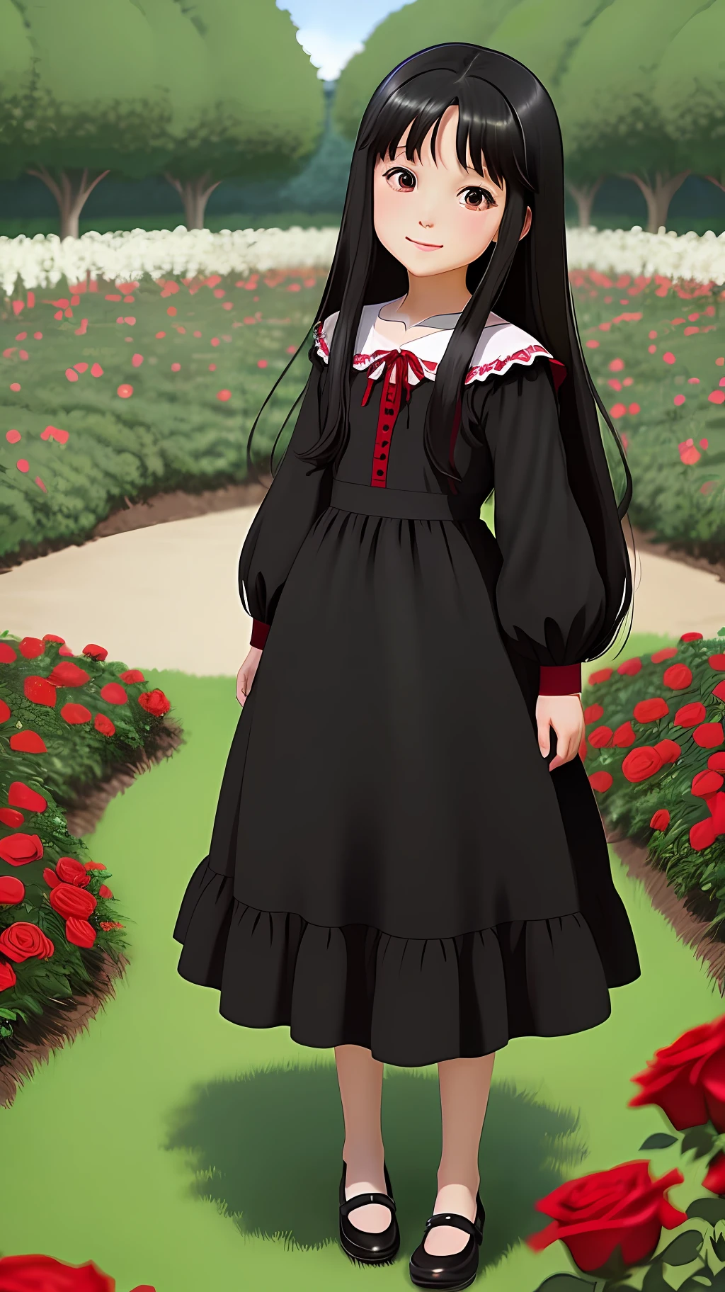 A beautiful eight-year-old girl, long black hair, wearing a red dress, full body in a garden of colorful roses (ghibli studios animation cartoon style)