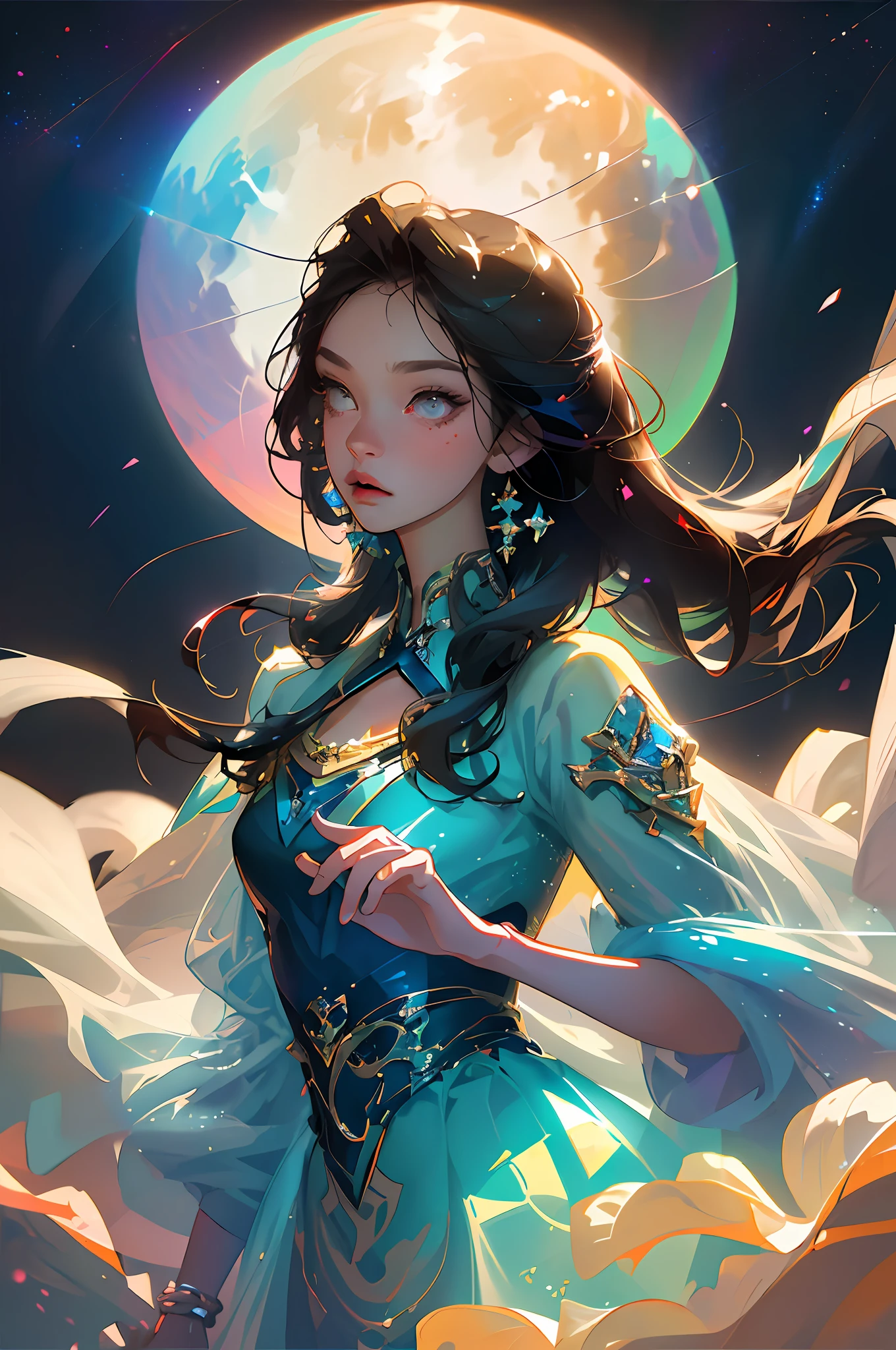 (Best quality, masterpiece), 1girl, colorful hair, small details, (night sky), (reflective floor), galaxy, side, clouds, city, yonezan dance style, (best quality, masterpiece), dress, particles, wind, flower, full body, best quality, masterpiece, ultra hd, high quality, high quality, high quality, high texture, high quality shadows, hd, beautiful details, detailed texture, colorful, delicate, lens flares, ray tracing, sharp focus, (1 girl, __focus__ :1.3), (detailed beautiful and delicate face, detailed beautiful and delicate eyes, perfect facial proportions, dense skin, optimal ratio of four fingers and one thumb, medium large chest, wide hips, smooth upper abdomen, thin, original photo, deep shadow, low-key, cold light, saturation: 0.8