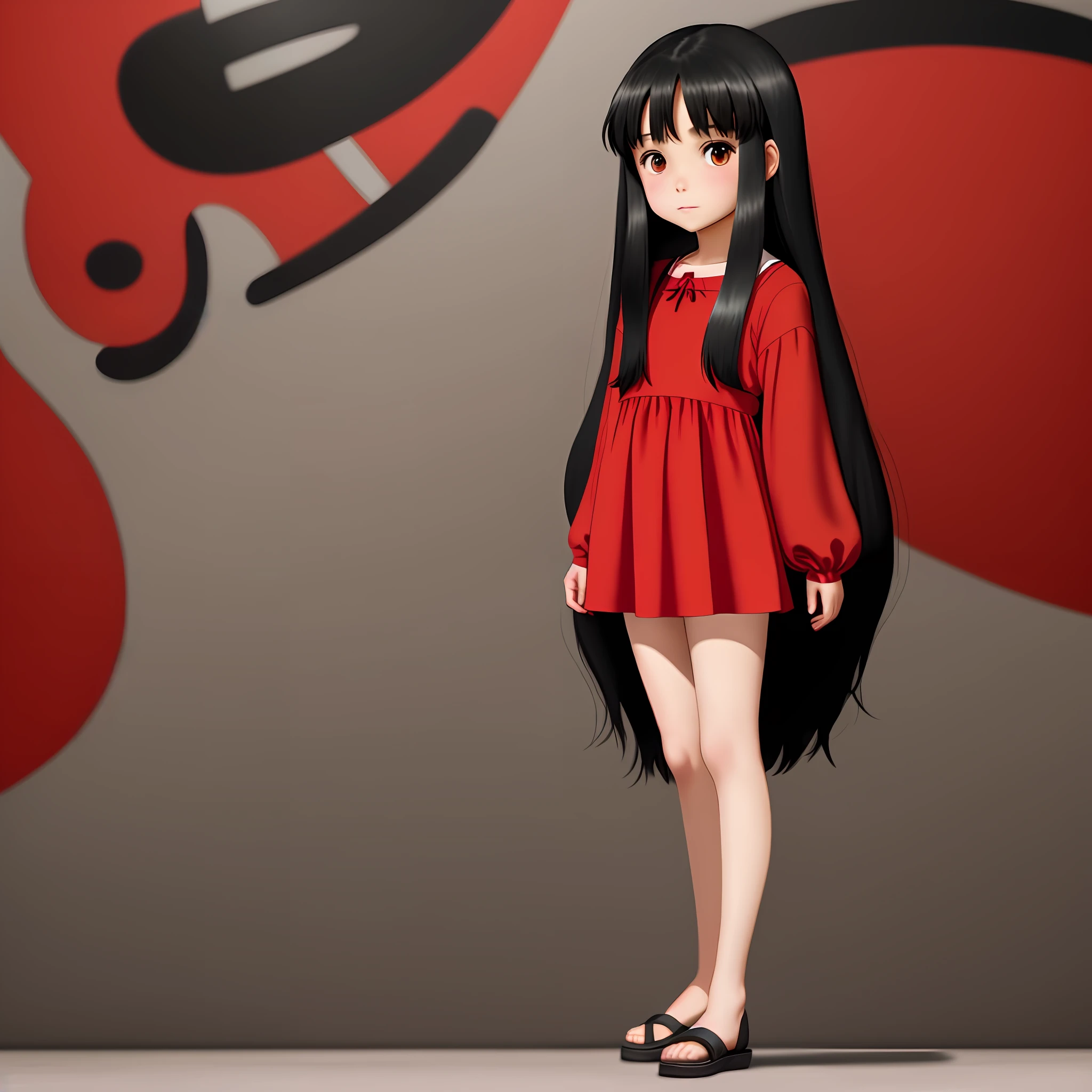 A beautiful eight-year-old girl, long black hair, wearing a red, full-body dress (ghibli studios animation cartoon style)