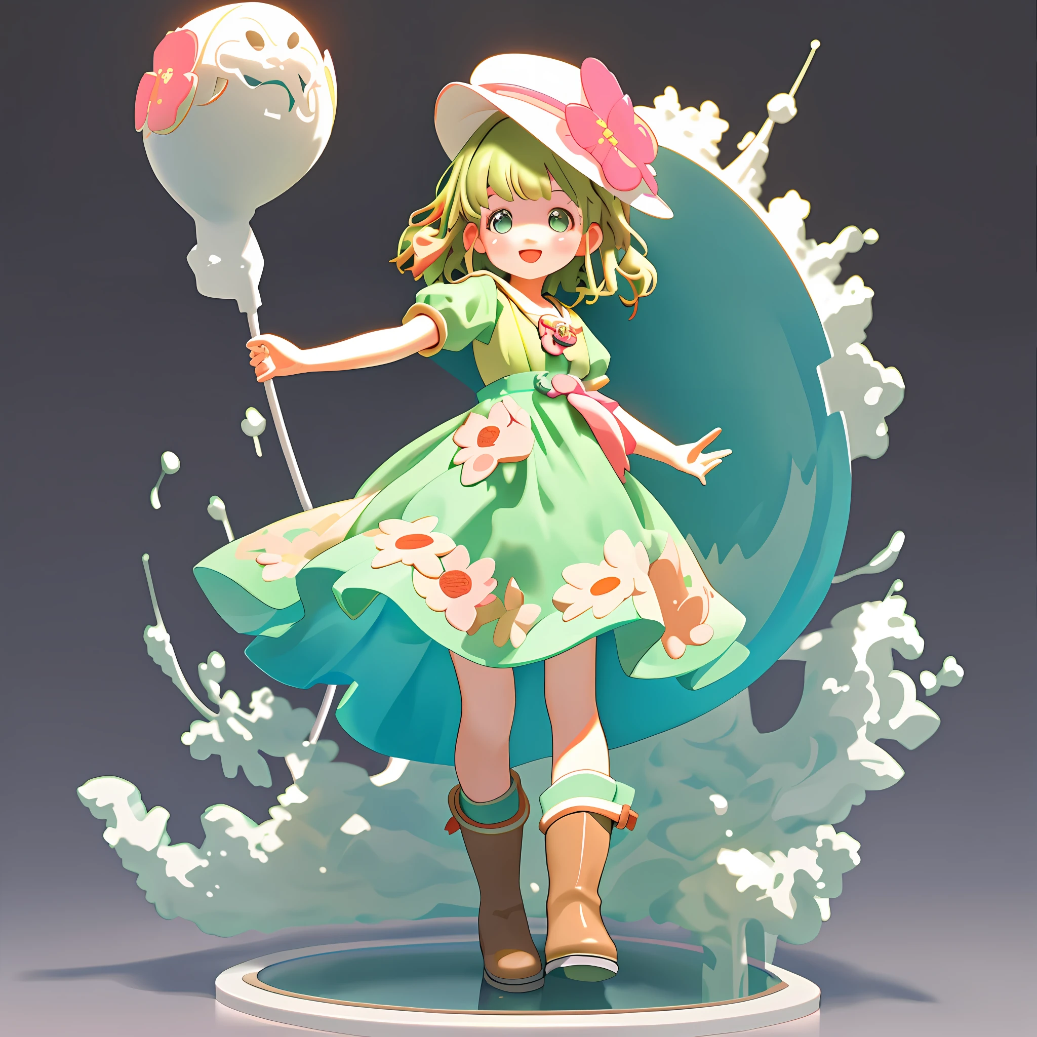 a Super cute girl ,Wearing a floral dress,Wearing boots,Wearing a hat and earphones,big watery eyes,full body,looking at viewer,open hands,MD clothing, clothing wrinkles,clean background,dreamy,excited,super cute girl IP by pop mart ,high detail ,hyper quality,Bright color,mockup blind box toy,disney style ,fine luster,3D render,oc render,best quality ,bright,front lighting,Face Shot,fine luster,ultra detoiled ,8k,