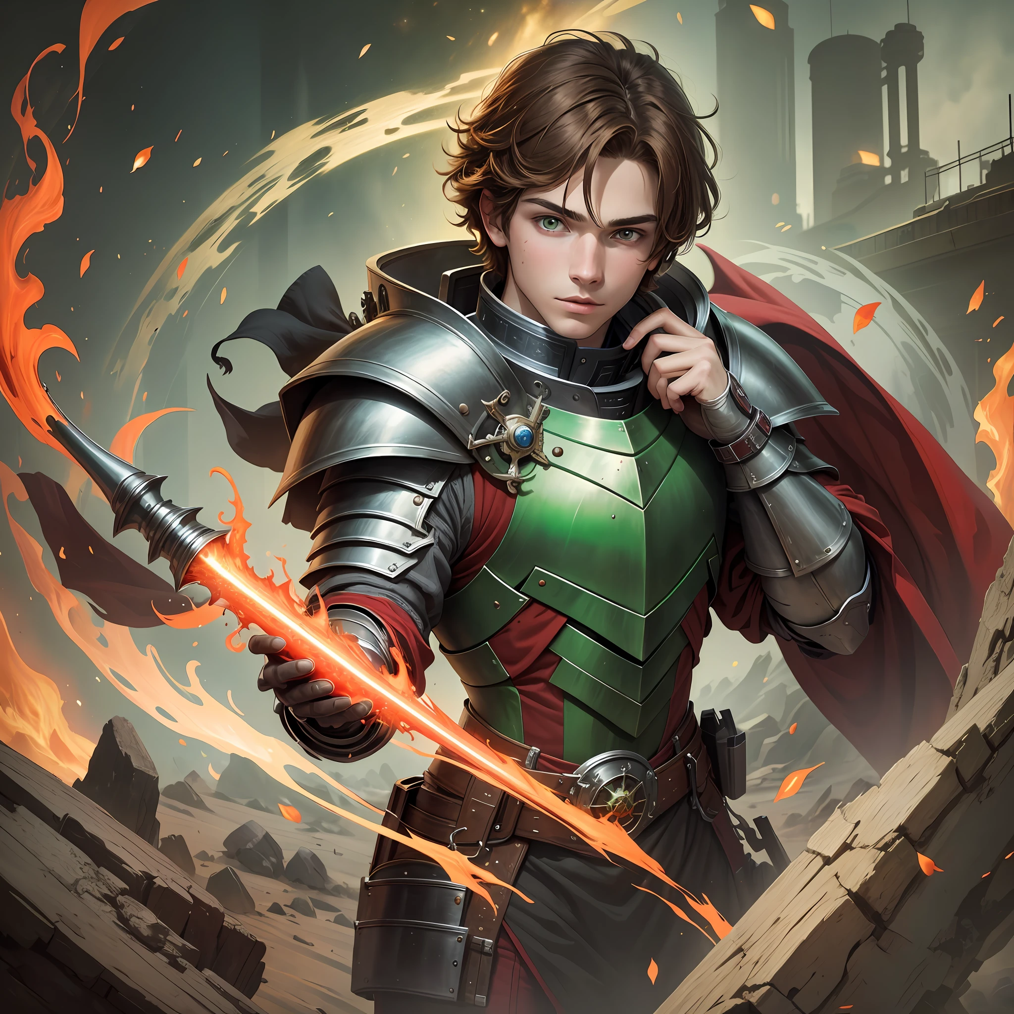 best quality, masterpiece, a pretty boy, brown hair, bright green eyes, red colored medieval knight armor, red clothes, red fire, space science fiction