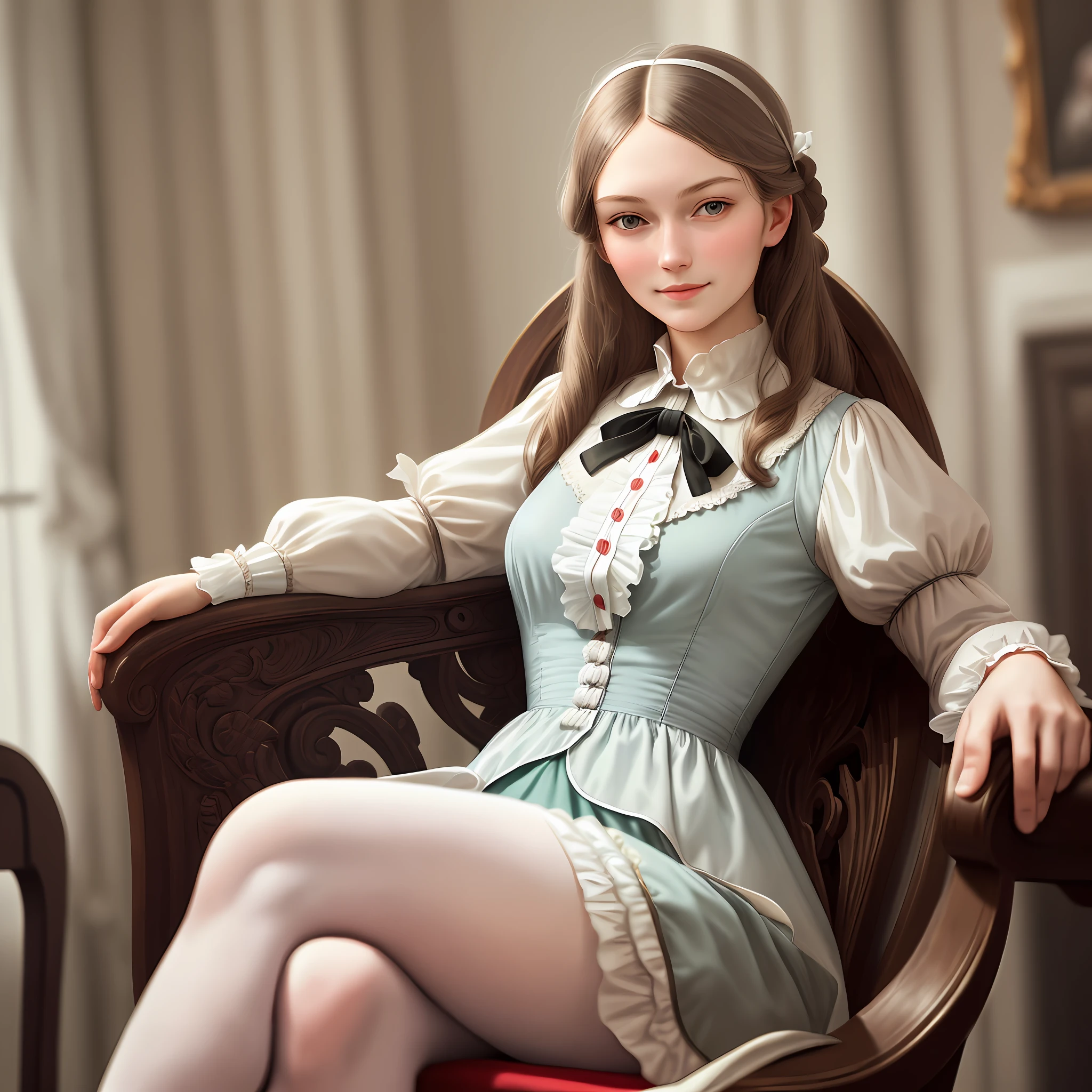 Florence Nightingale, (ballet clothes), sitting in a chair, smiling at the camera, white formal shirt, loose collar buttons, nipple bumps, long loose hair, (delicate illustrations: 1.4), (Renaissance art: 1.4), (ultra high resolution: 1.2), (photorealism: 1.4), (8K, RAW photos: 1.2), (soft focus: 1.4), ( 18 years old: 1.3), (Sharp Focus: 1.4), beautiful face with attention to detail, pure rose face_V1