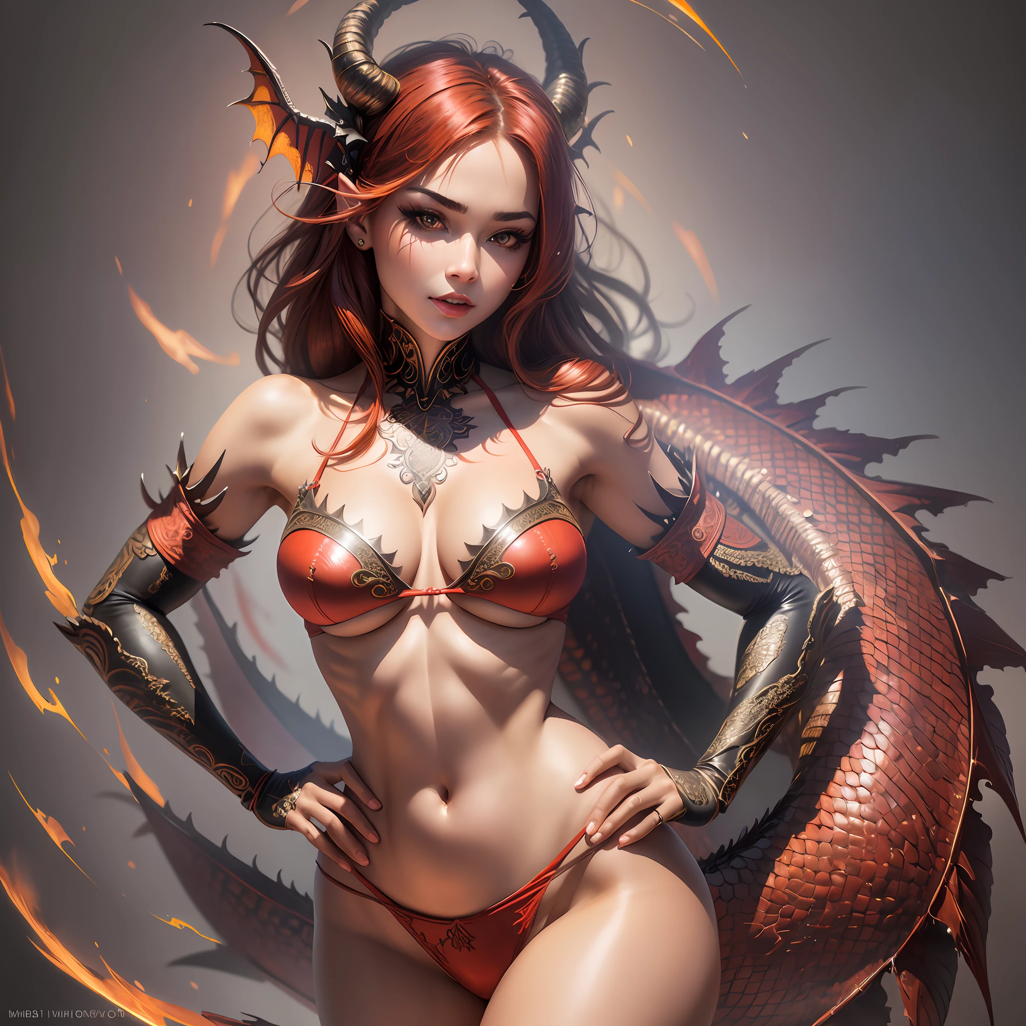 nsfw:1.5,masterpiece, best quality, High definition, High quality texture, High quality shadow, high detail, extremely detailed cg, colorful, Cinematic Light, sharp focus, 1girl, solo, half-nude girl, dragon power form, flaming red dragon bra, flaming red dragon panties hands on hips, intricate dragon scales, (intricate details, makeup), (detailed beautiful delicate face, high detailed skin, medium large breasts, midriff, full body photo