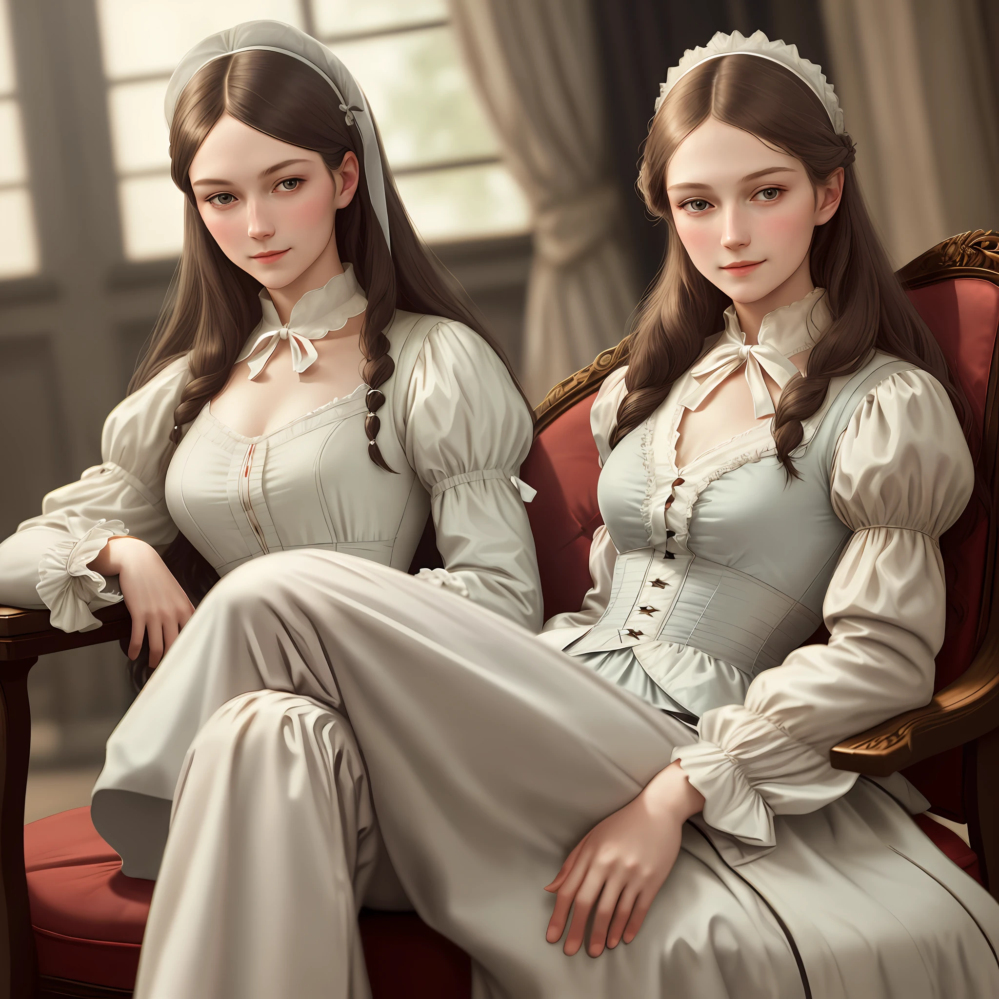 Florence Nightingale, (ballet clothes), sitting in a chair, smiling at the camera, white formal shirt, loose collar buttons, nipple bumps, long loose hair, (delicate illustrations: 1.4), (Renaissance art: 1.4), (ultra high resolution: 1.2), (photorealism: 1.4), (8K, RAW photos: 1.2), (soft focus: 1.4), ( 18 years old: 1.3), (Sharp Focus: 1.4), beautiful face with attention to detail, pure rose face_V1