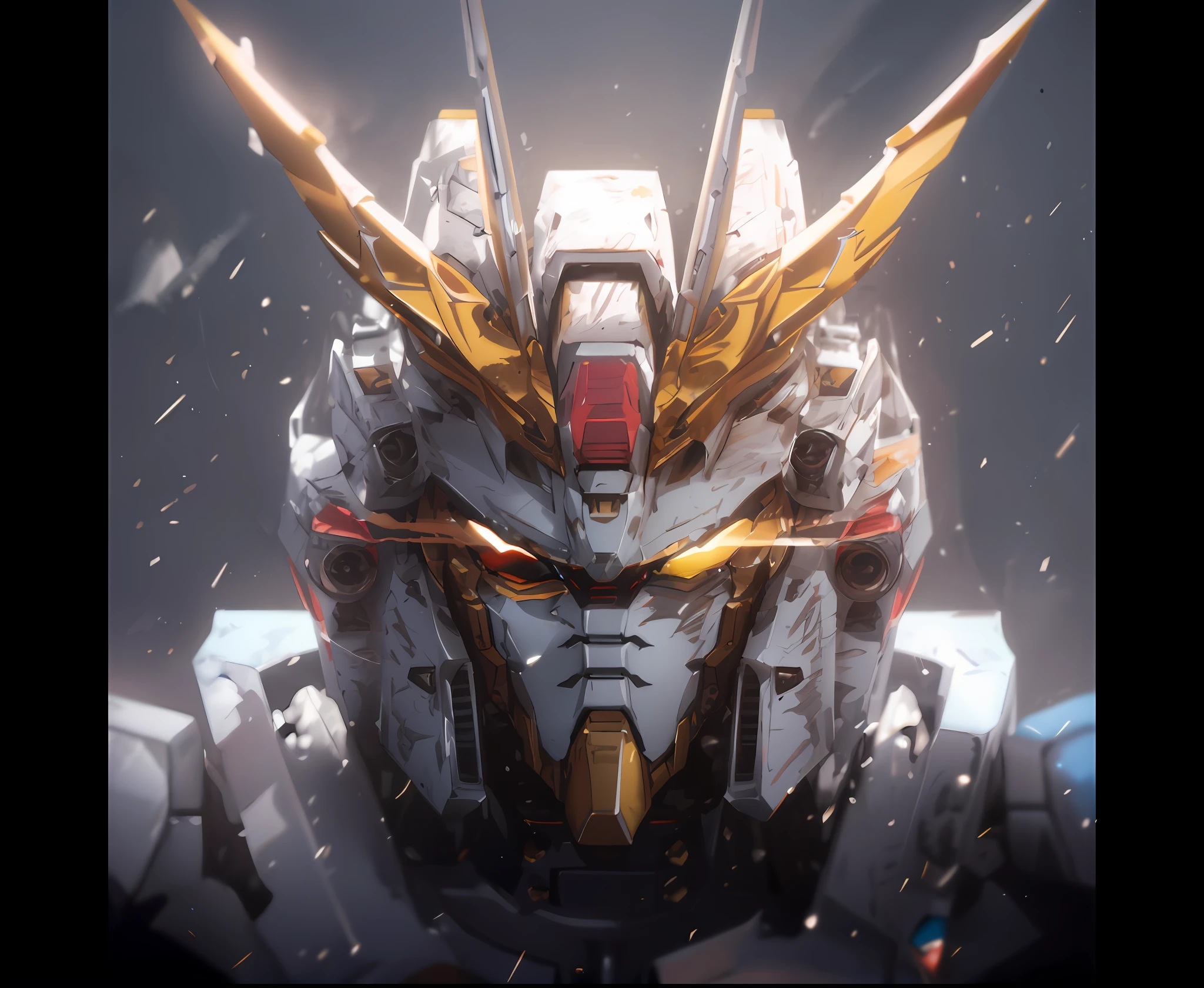 Close-up of robot with futuristic expression on face, Gundam Head, Alexander Ferra White Mech, Barbatos Gundam, Mecha Inspiration, ArtStation Masterpiece, 4K Highly Detailed Digital Art, Gundam Style, Robot Mech, Cool Mech Style, Mech Portrait, ArtStation HD Trend, rendered in redshift