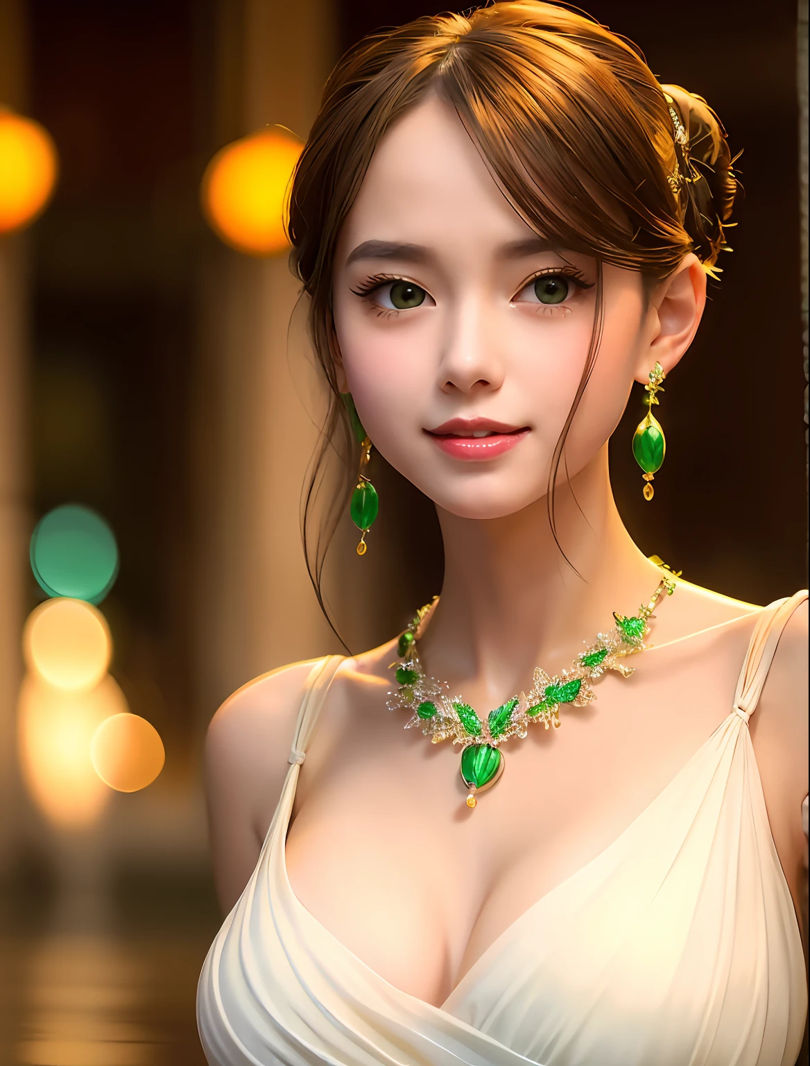 No-one42 a woman, she is wearing green dress, jewelry, holding umbrella, yellow umbrella,standing near a river, modelshoot style, extremely detailed CG unity 8k wallpaper, 8k uhd, dslr, soft lighting, high quality, film grain, Fujifilm XT, ((realistic))