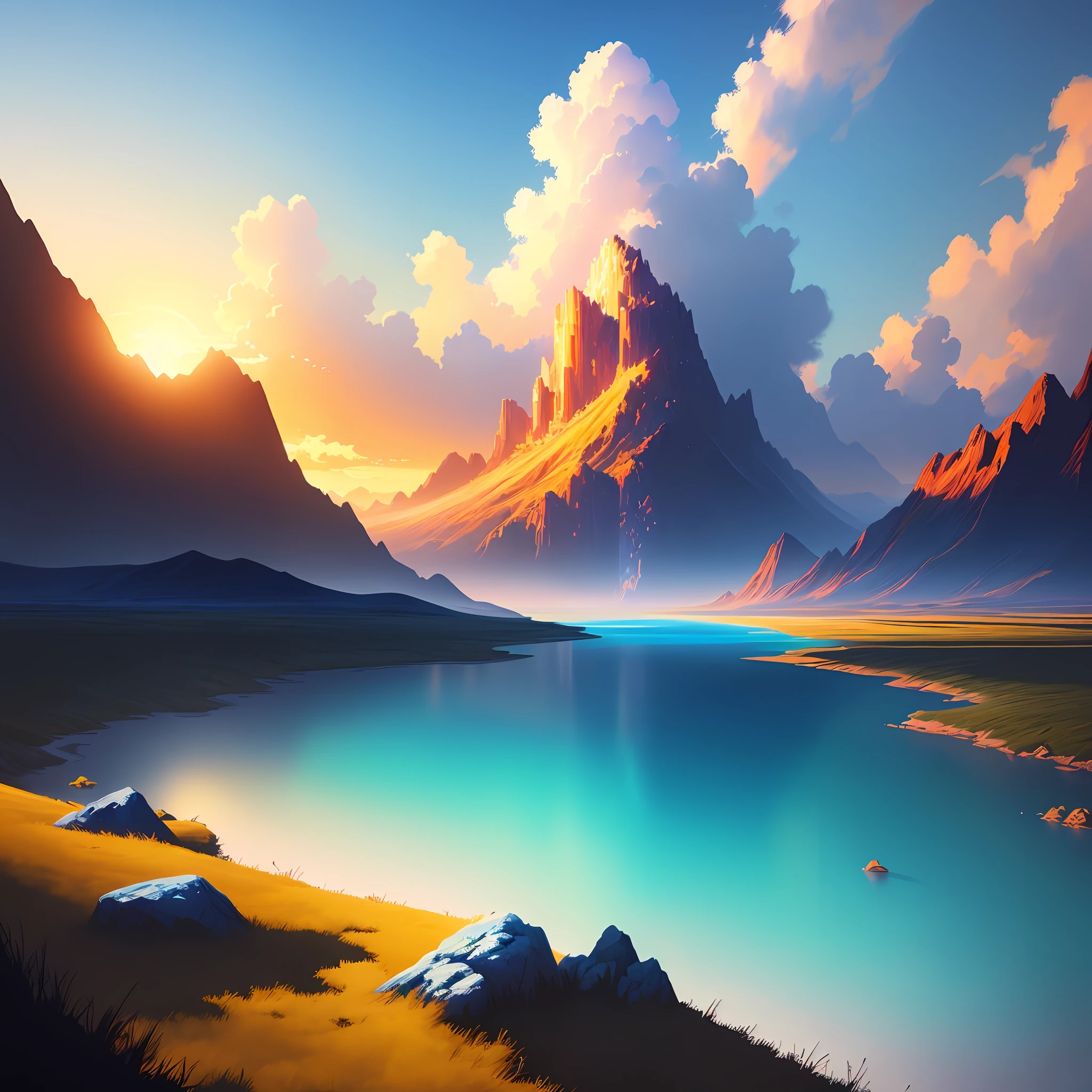 best quality masterpiece digital painting atmospheric illustrations 4k 8k very detailed rich color (bright light: 1.1) particles sunny blue sky mat painting, key visual anime background screencap, landscape painting