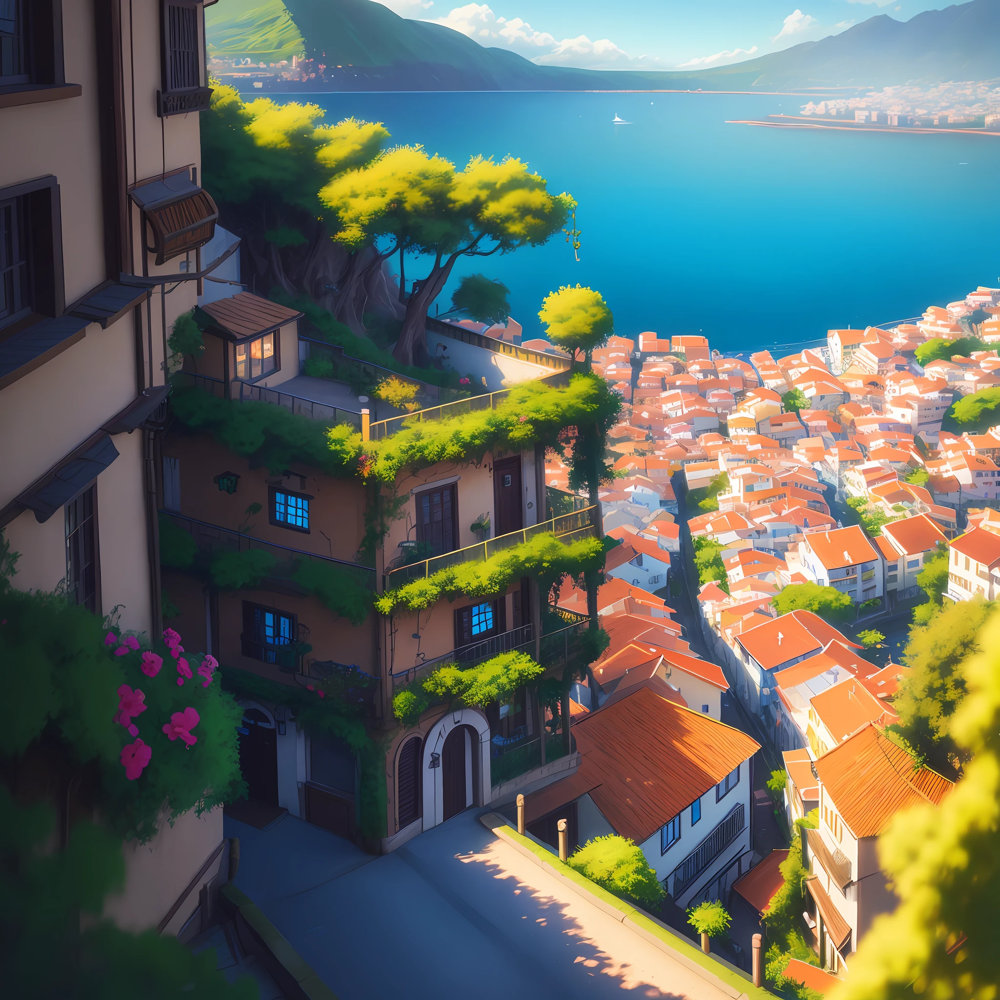 best quality masterpiece digital painting atmospheric illustrations 4k 8k very detailed rich color (bright light: 1.1) particles sunny blue sky mat painting, key visual anime background screencap, landscape painting of the city of funchal