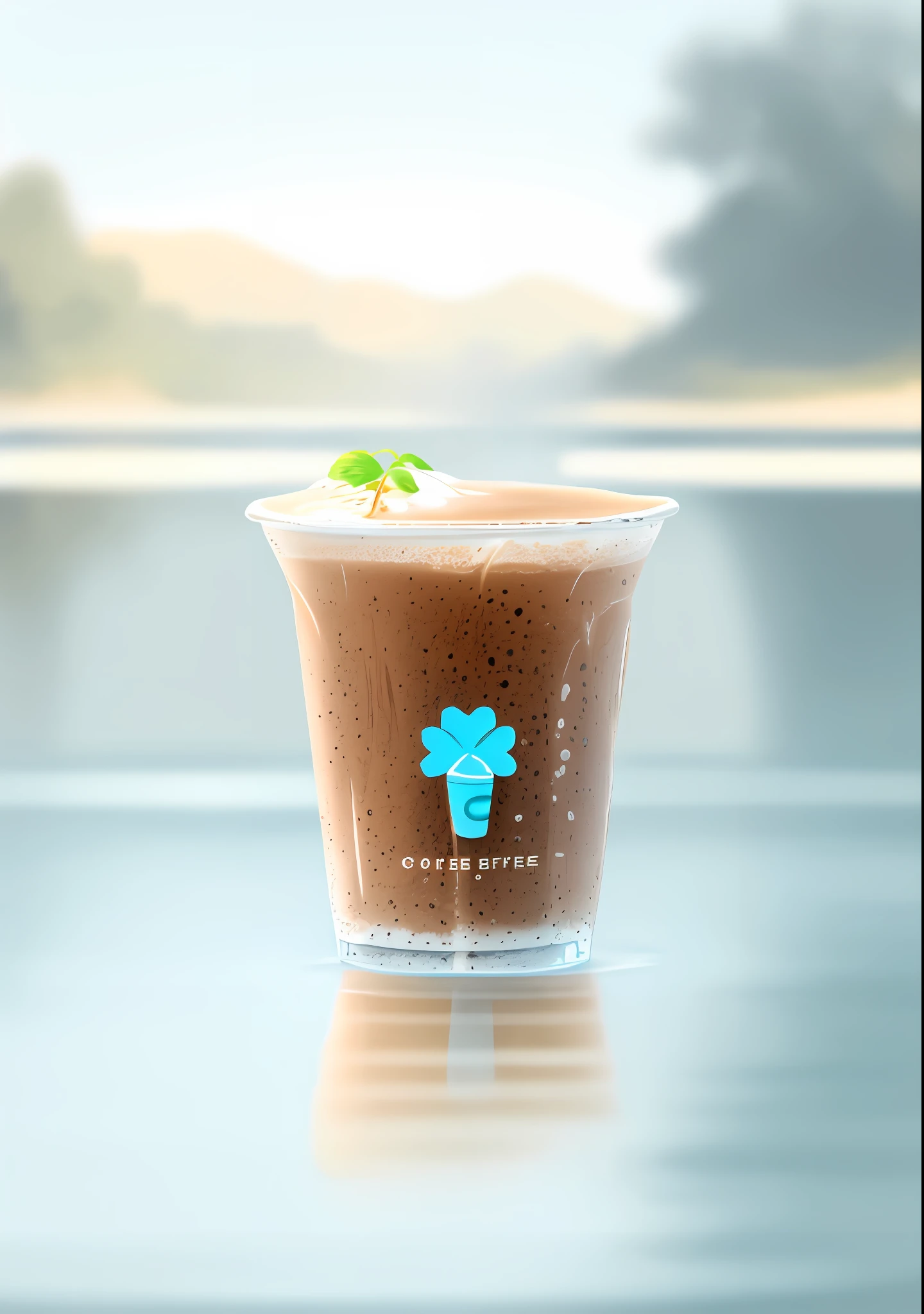 Coffee on the water, the background is clear and clean feeling The background is light blue