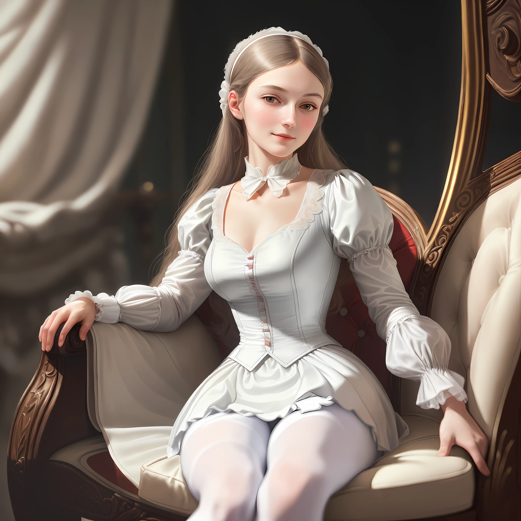 Florence Nightingale, (ballet clothes), sitting in a chair, smiling at the camera, (((realistic face)), white gloves, formal shirt, white tights, loose collar buttons, nipple bumps, long loose hair, face with oneself, noble features, (delicate illustrations: 1.4), (Renaissance art: 1.4), (ultra high resolution: 1.2), ( Photorealistic: 1.4), (8K, RAW photo: 1.2), (soft focus: 1.4), (18 years old: 1.3), (sharp focus: 1.4), beautiful face with attention to detail, pure rose face_V1