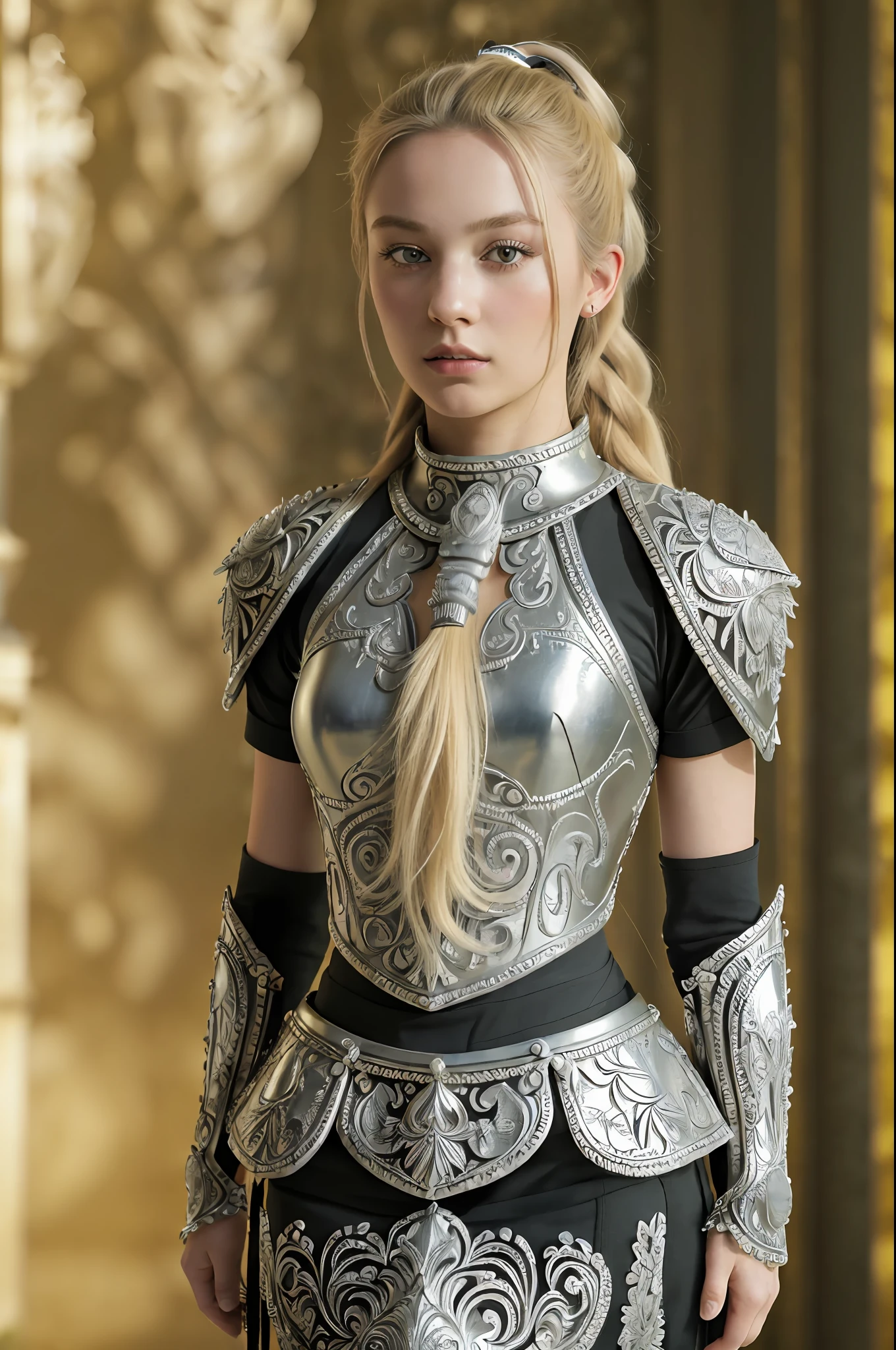 (8K, best quality:1.2), (masterpiece:1.37), (photo, photorealistic:1.37), (ultrahigh-res), full body, walking pose, shot from front, slow motion, female paladin wearing the full body, (light silver armour:1.2),(ornately decorated armor), (insanely detailed, bloom:1.5), (highest quality, Alessandro Casagrande, Greg Rutkowski, Sally Mann, concept art, 4k), (analog:1.2), (high sharpness), (detailed pupils:1.1), detailed face and eyes, Masterpiece, best quality, (highly detailed photo:1.1), (long blonde Hair, ponytail,ecstatic:1.1), (young woman:1.1), sharp, (perfect body:1.1), realistic, real shadow, 3d, (temple background:1.2), (by Michelangelo), photographed by Canan EOS R6, 135mm, 1/1250s, f/2.8, ISO 400