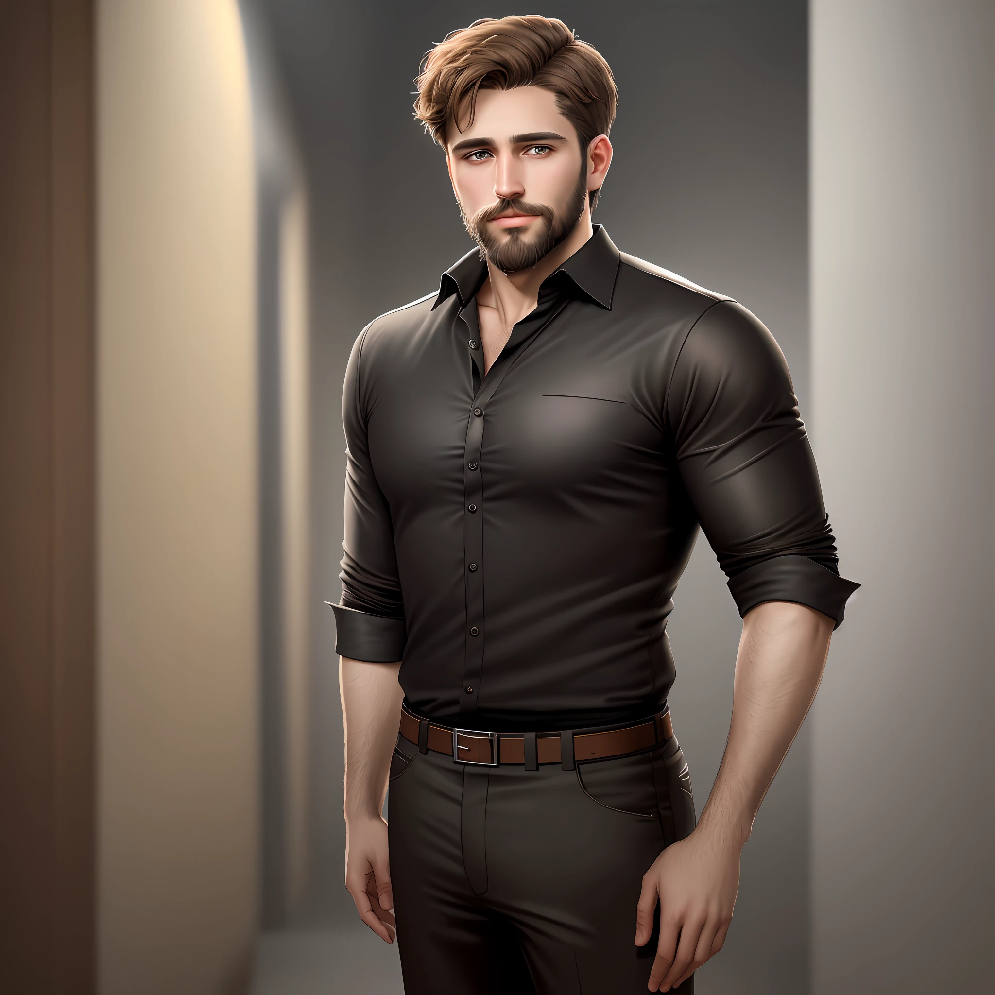 "Realistic, man with short brown hair, honey colored eyes, short beard on his face, full body, wearing a black blouse and black pants. (realism: 1.4), best quality, ultra-high resolution, masterpiece, extremely detailed face, perfect lighting, solo, ultra-high resolution, (realism: 1.4), "