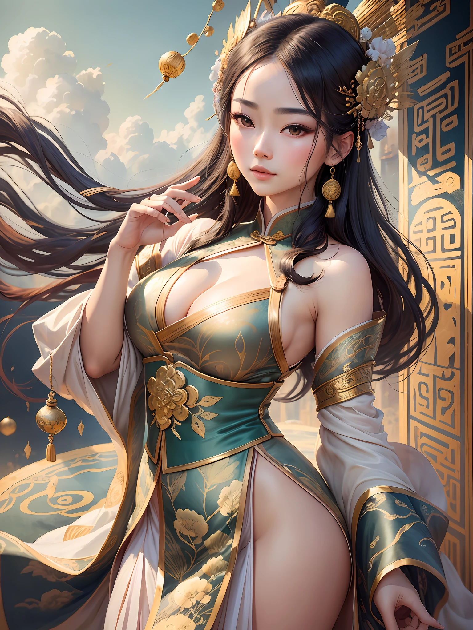 A beautiful dancer in ancient China,delicate lines,gorgeous costumes in ancient China,delicate and vivid,shy face,willow leaf eyebrows,personality depiction,coiled hair,gold leaf,flowing clouds,watercolor,crane surrounding,ink painting,gentle eyes,meticulous color scheme,exquisite clothing patterns,by Gu Kaizhi,Zhang Xuan,professional color grading,realistic style,soft shadows,clean and sharp focus,Flim photography,Panoramic View,32K --v 6