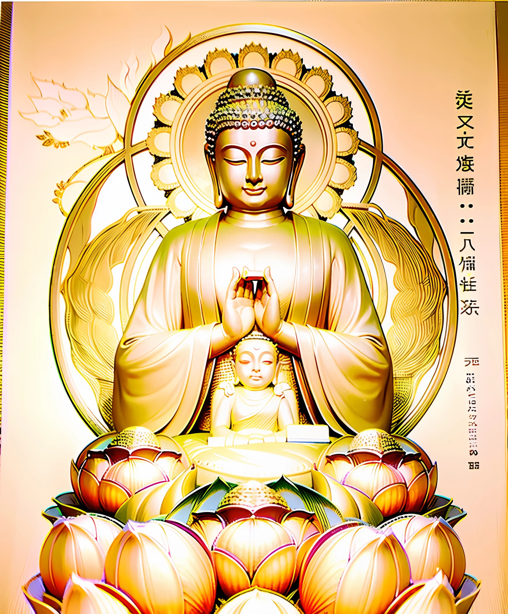 Buddha sitting on lotus, Buddha, Buddhist art, Buddha image, realistic videography, 3D, realism, high quality, glowing background