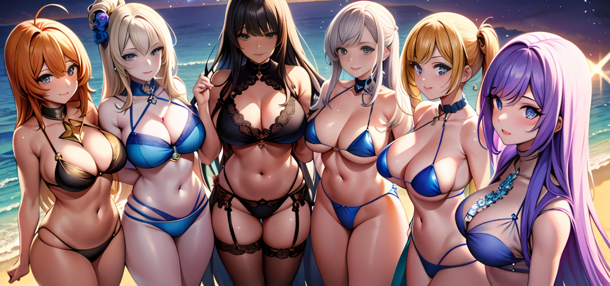 {{{masterpiece}}}, {{{{{official art}}}}}, ((best quality)), ((beautiful face)), many womans, group shot, colorful, see-through g-string bikini,
