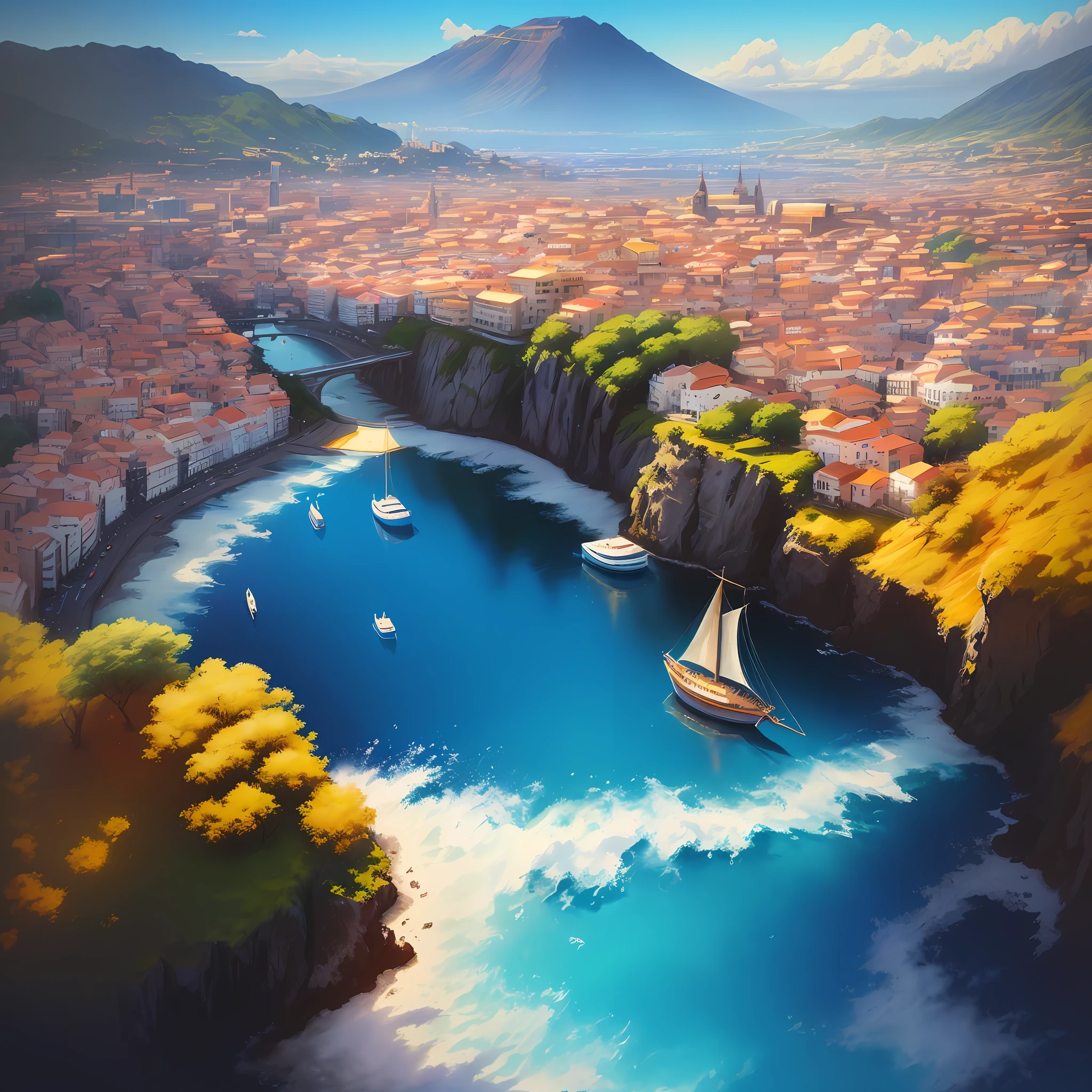 best quality masterpiece digital painting atmospheric illustrations 4k 8k very detailed rich color (bright light: 1.1) particles sunny blue sky mat painting, key visual anime background screencap, landscape painting abstract in watercolor of the city of funchal