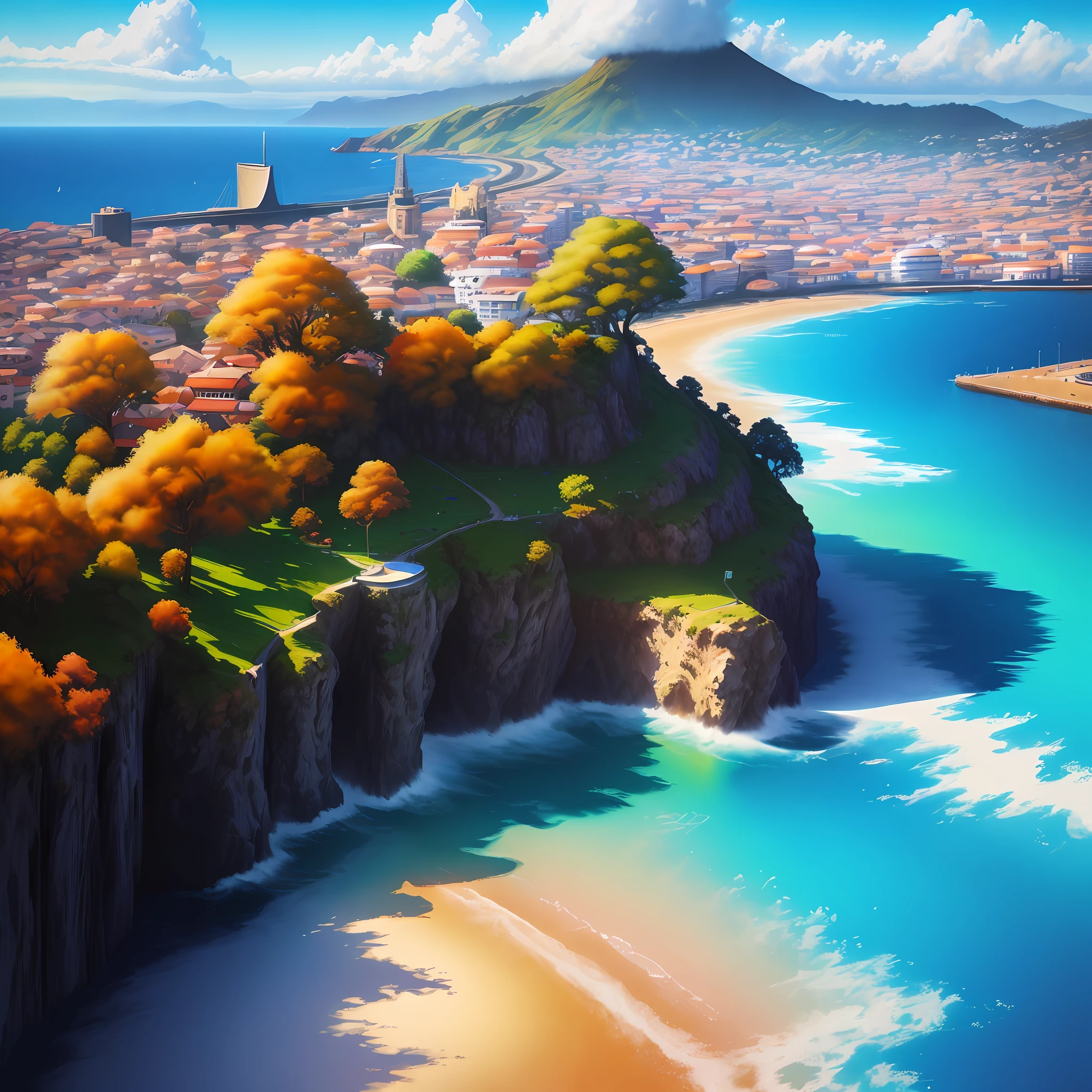 best quality masterpiece digital painting atmospheric illustrations 4k 8k very detailed rich color (bright light: 1.1) particles sunny blue sky mat painting, key visual anime background screencap, landscape painting abstract in watercolor of the city of funchal