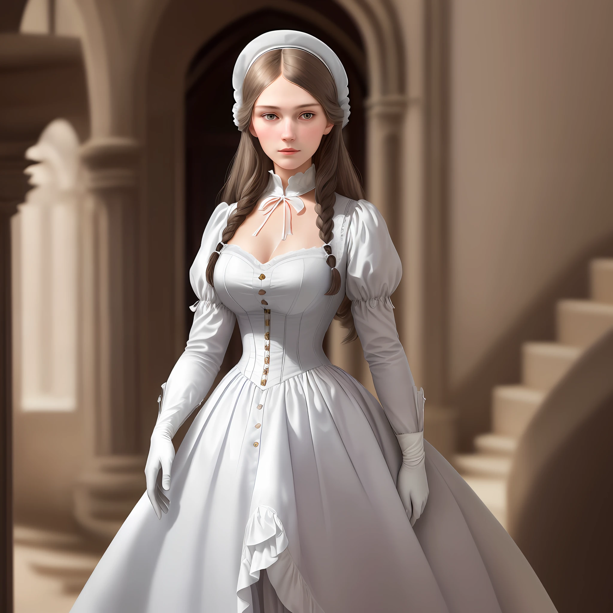 Florence Nightingale, Victorian, 18-year-old girl, spiral staircase, standing, noble, biting at the camera, shy, (((realistic face)), white gloves, formal shirt, white tights, loose collar buttons, nipple bumps, long loose hair, emphasized chest, face with herself, noble features, (delicate illustration: 1.4), (Renaissance art: 1.4), ( Ultra High Resolution: 1.2), (Photorealistic: 1.4), (8K, RAW Photo: 1.2), (Soft Focus: 1.4), (18 years old: 1.3), (Sharp Focus: 1.4), Beautiful face with attention to detail, Pure Rose Face_V1