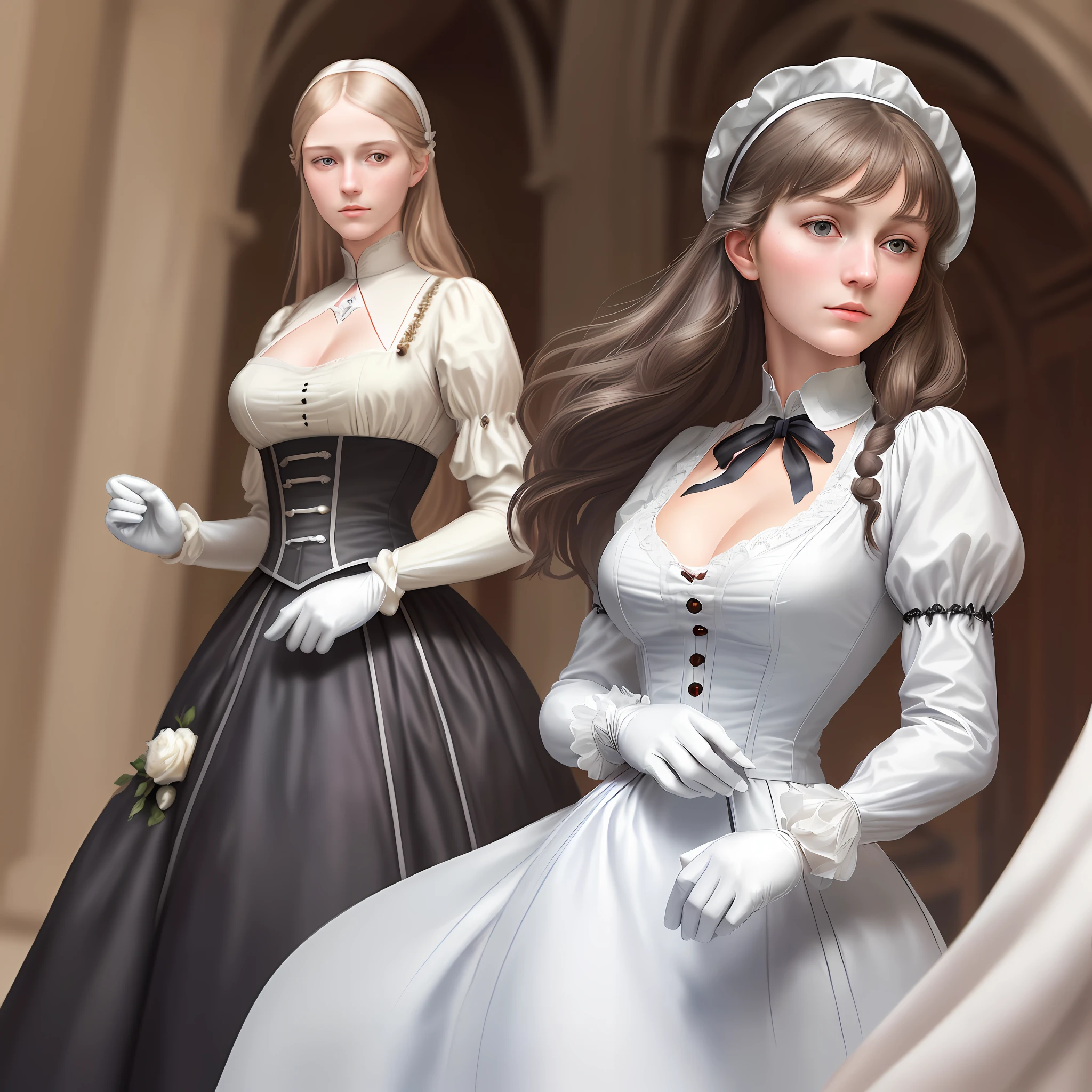 Florence Nightingale, Victorian, 18-year-old girl, spiral staircase, standing, noble, biting at the camera, shy, (((realistic face)), white gloves, formal shirt, white tights, loose collar buttons, nipple bumps, long loose hair, emphasized chest, face with herself, noble features, (delicate illustration: 1.4), (Renaissance art: 1.4), ( Ultra High Resolution: 1.2), (Photorealistic: 1.4), (8K, RAW Photo: 1.2), (Soft Focus: 1.4), (18 years old: 1.3), (Sharp Focus: 1.4), Beautiful face with attention to detail, Pure Rose Face_V1