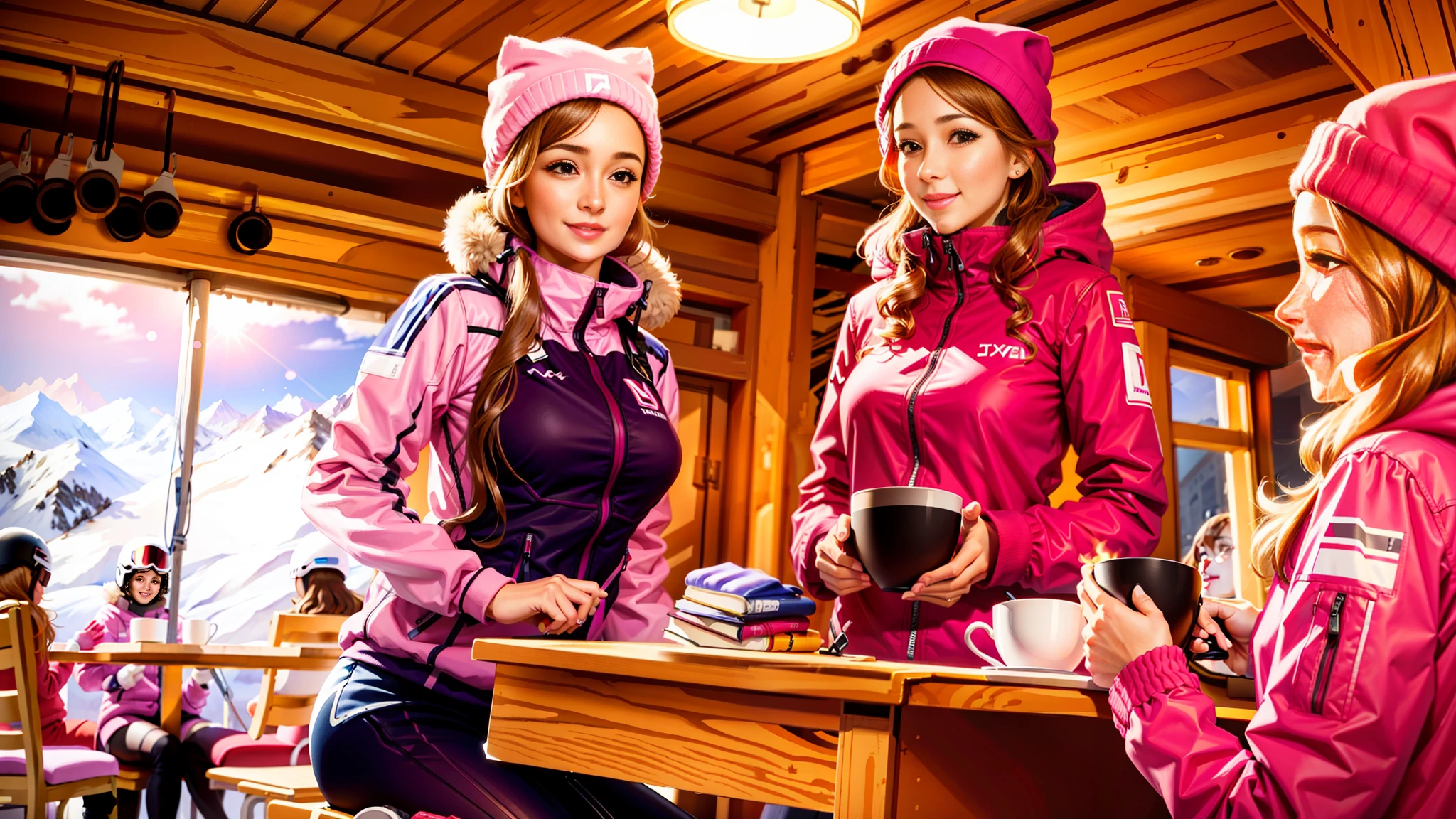 Realist photo, women are talking and smiling, one of them are using a pink ski suit.