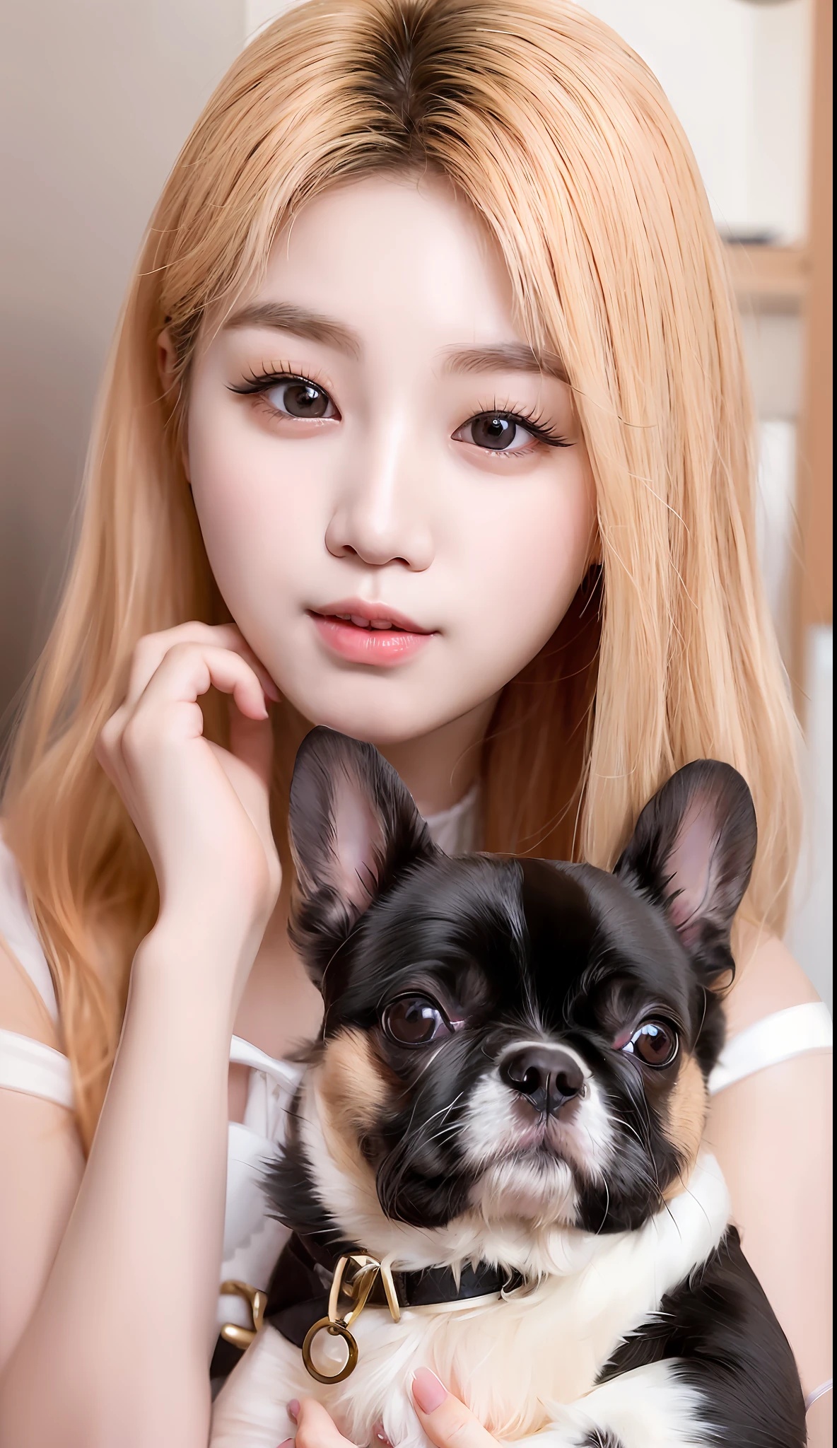 there is a woman holding a small dog in her arms, young adorable korean face, beautiful young korean woman, wan adorable korean face, gorgeous young korean woman, korean girl, beautiful south korean woman, portrait of female korean idol, young cute wan asian face, korean face features, korean woman, photo taken with nikon d750