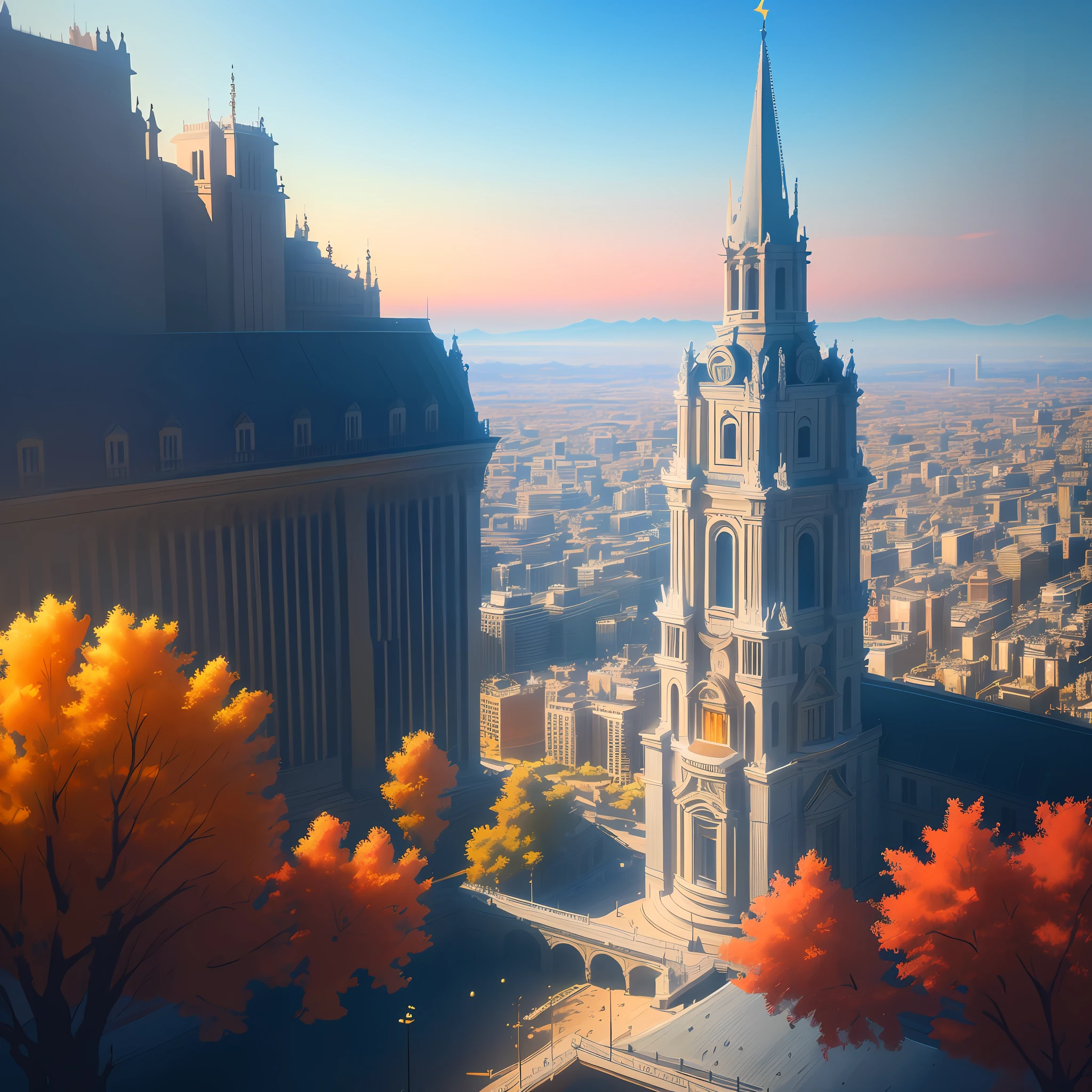 best quality masterpiece digital painting atmospheric illustrations 4k 8k very detailed rich color (bright light: 1.1) particles sunny blue sky mat painting, key visual anime background screencap, realistic landscape painting of the city of madrid