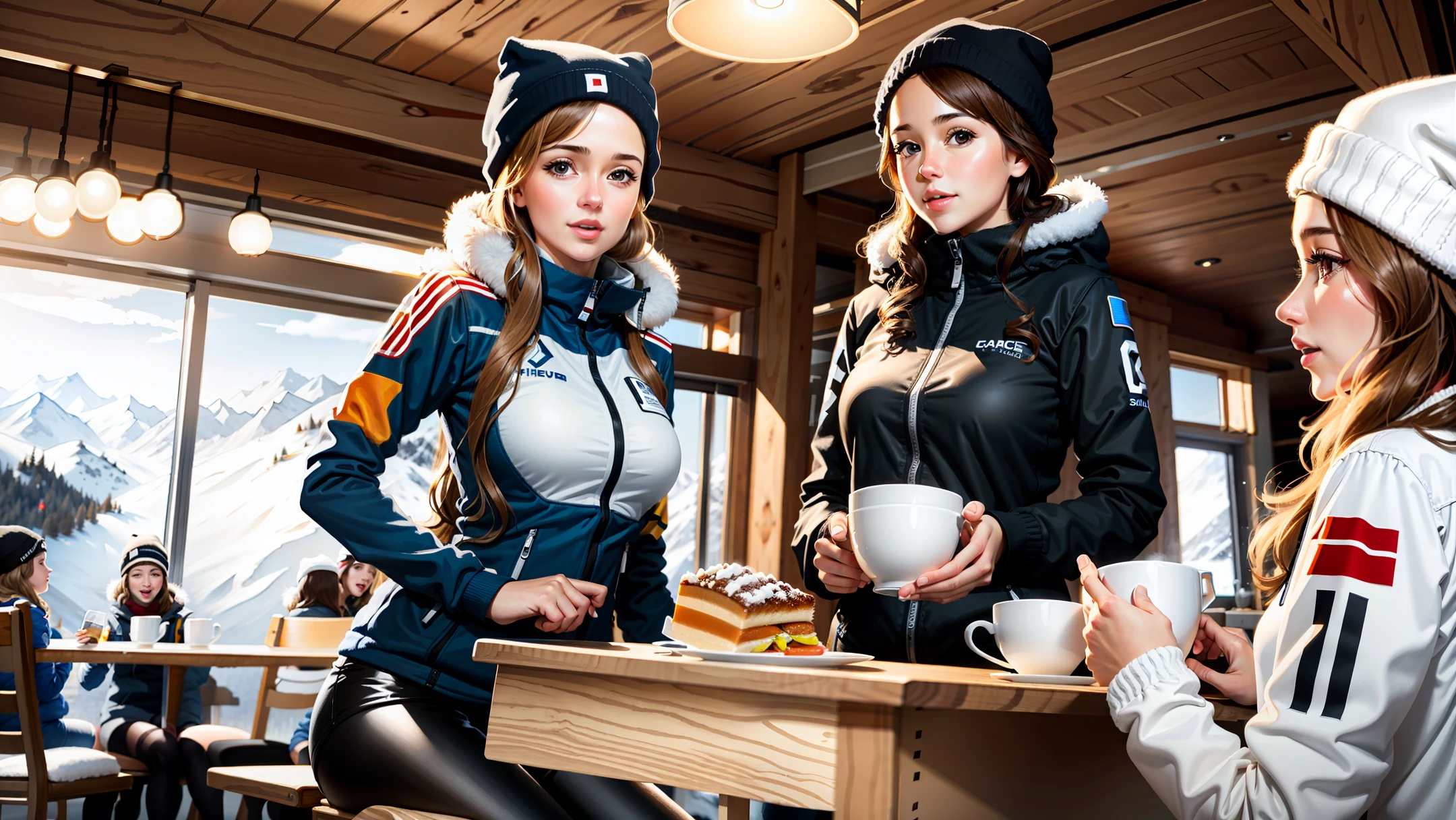 Realistic photo of a ski resort cafe with a group of young women wearing ski suits, cafe