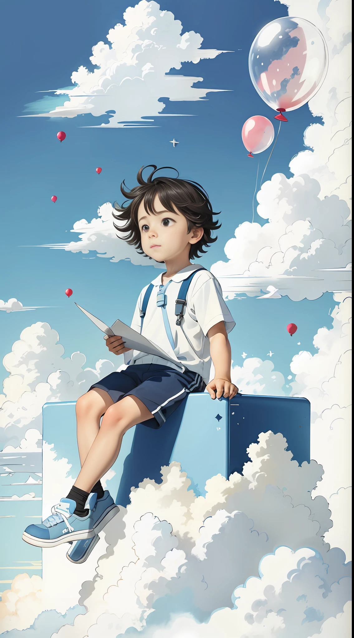 A , sitting on a paper airplane, flying in the clouds, balloons, blue sky and white clouds, looking at the camera