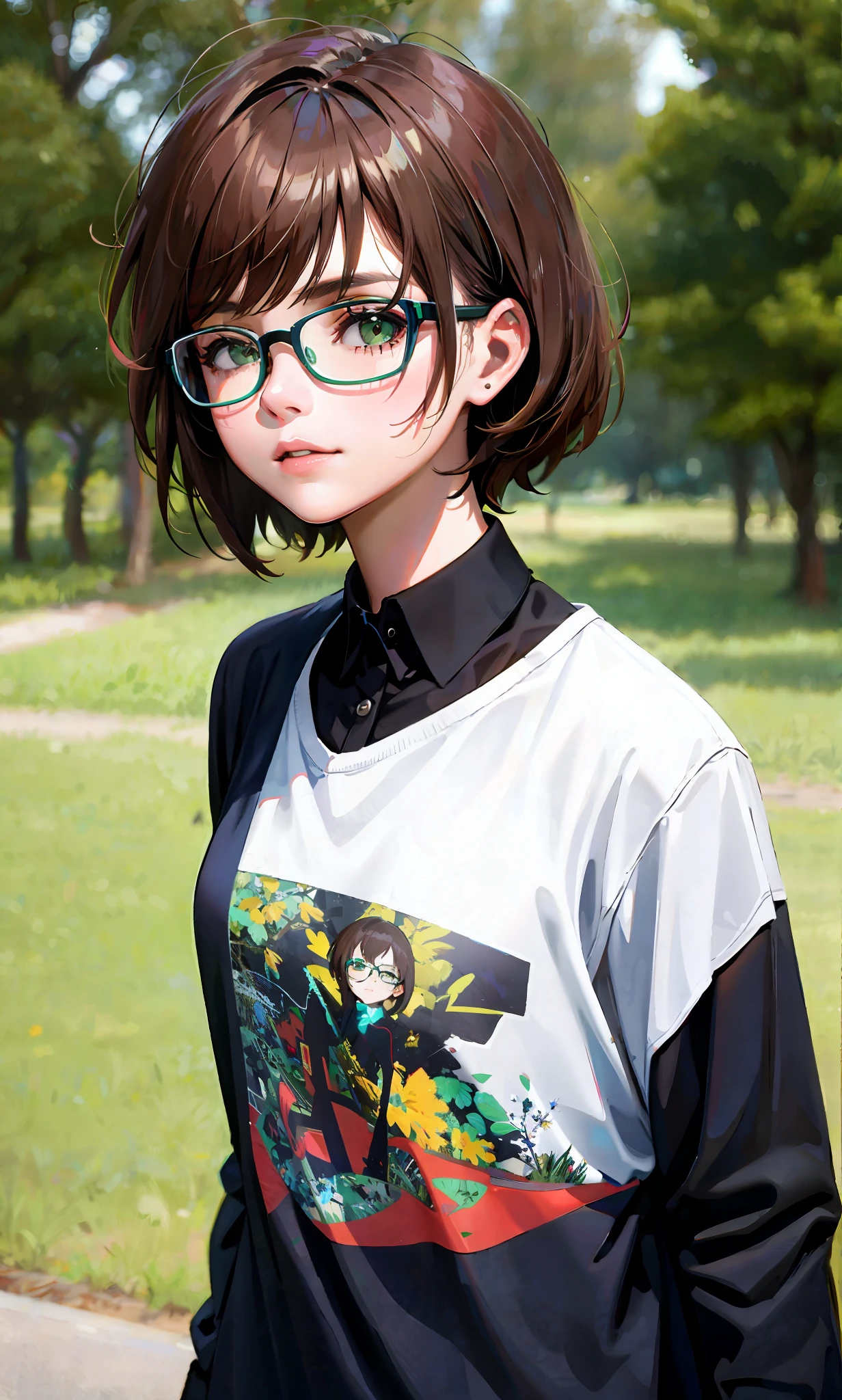 punk girl wearing glasses and a dark shirt, blurred green grass and trees in the background, short brown hair, detailed face, high quality, high resolution