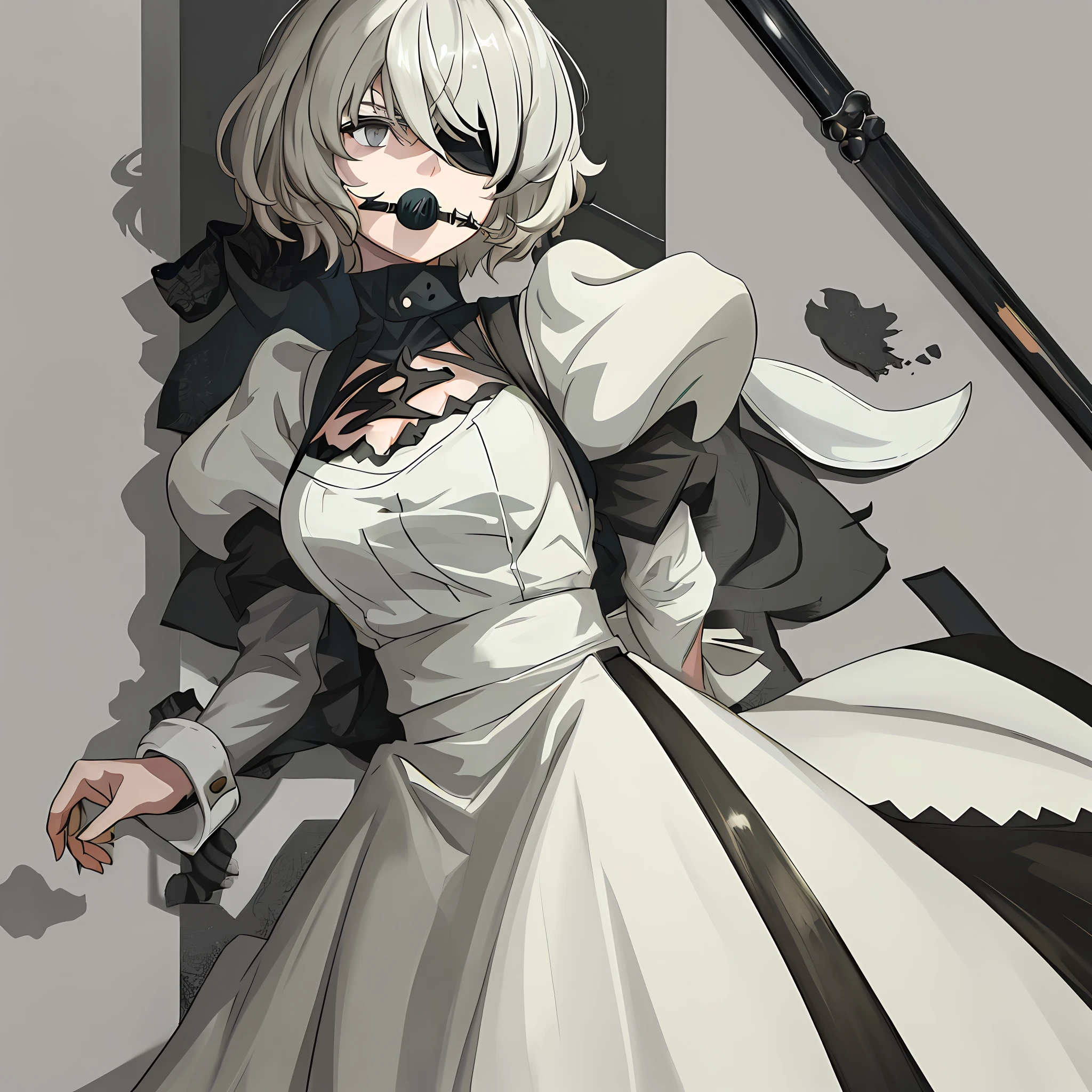 masterpiece, best quality, solo, (yorha no. 2 type b:1.14), (covered eyes:1.05), (portrait:1.1), (upper body:1.1), medium breasts, expressionless, 1girl, solo, (ruffling hair, messy hair:1.1), white hair, shiny hair, bdsm, restraint, tied, ropes, ball gag