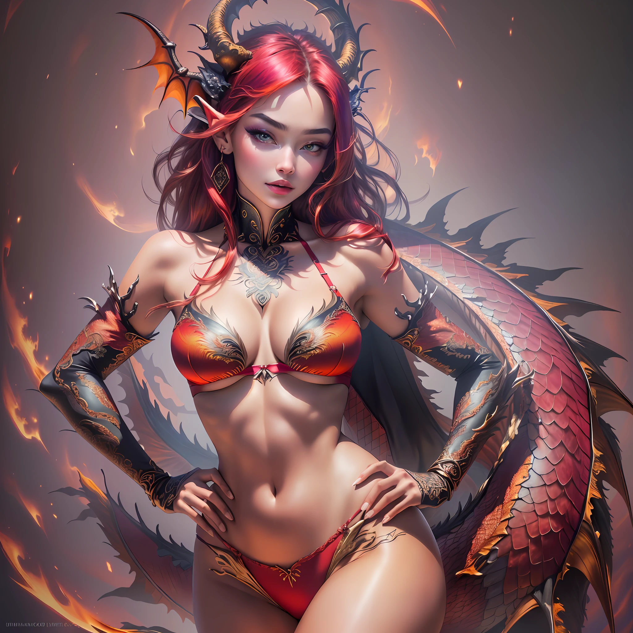nsfw:1.5,masterpiece, best quality, High definition, High quality texture, High quality shadow, high detail, extremely detailed cg, colorful, Cinematic Light, sharp focus, 1girl, solo, half-nude girl, dragon power form, flaming red dragon bra, flaming red dragon panties hands on hips, intricate dragon scales, (intricate details, makeup), (detailed beautiful delicate face, high detailed skin, medium large breasts, midriff, full body photo