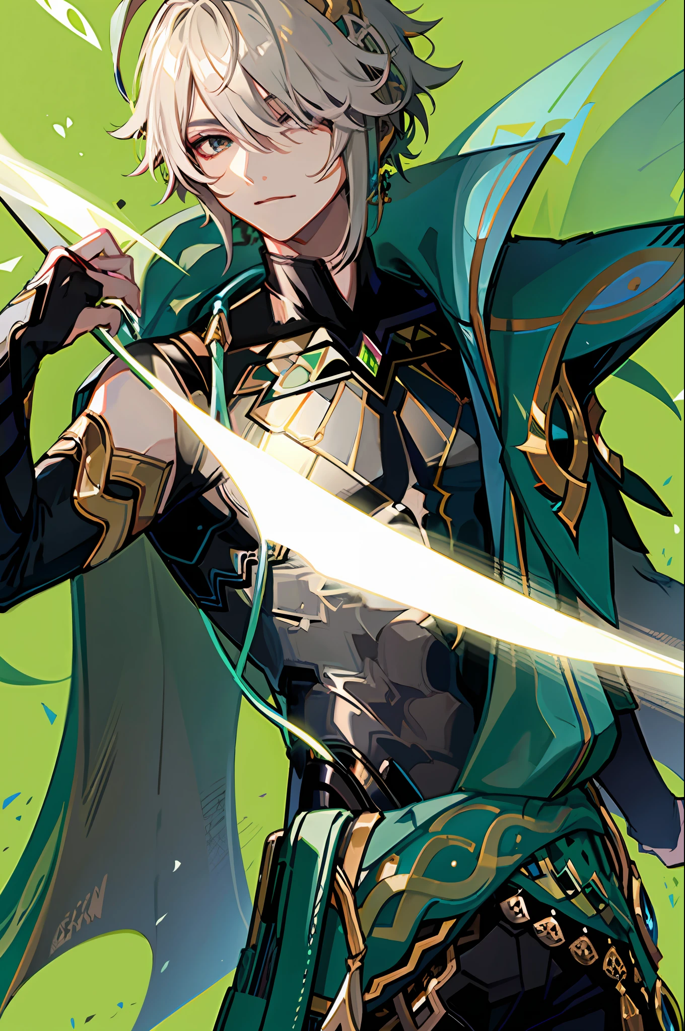 masterpiece, best quality,alhaitham\(genshin impact\), male focus, 1boy, solo, ahoge, shirt, green cape, hair over one eye, bangs
