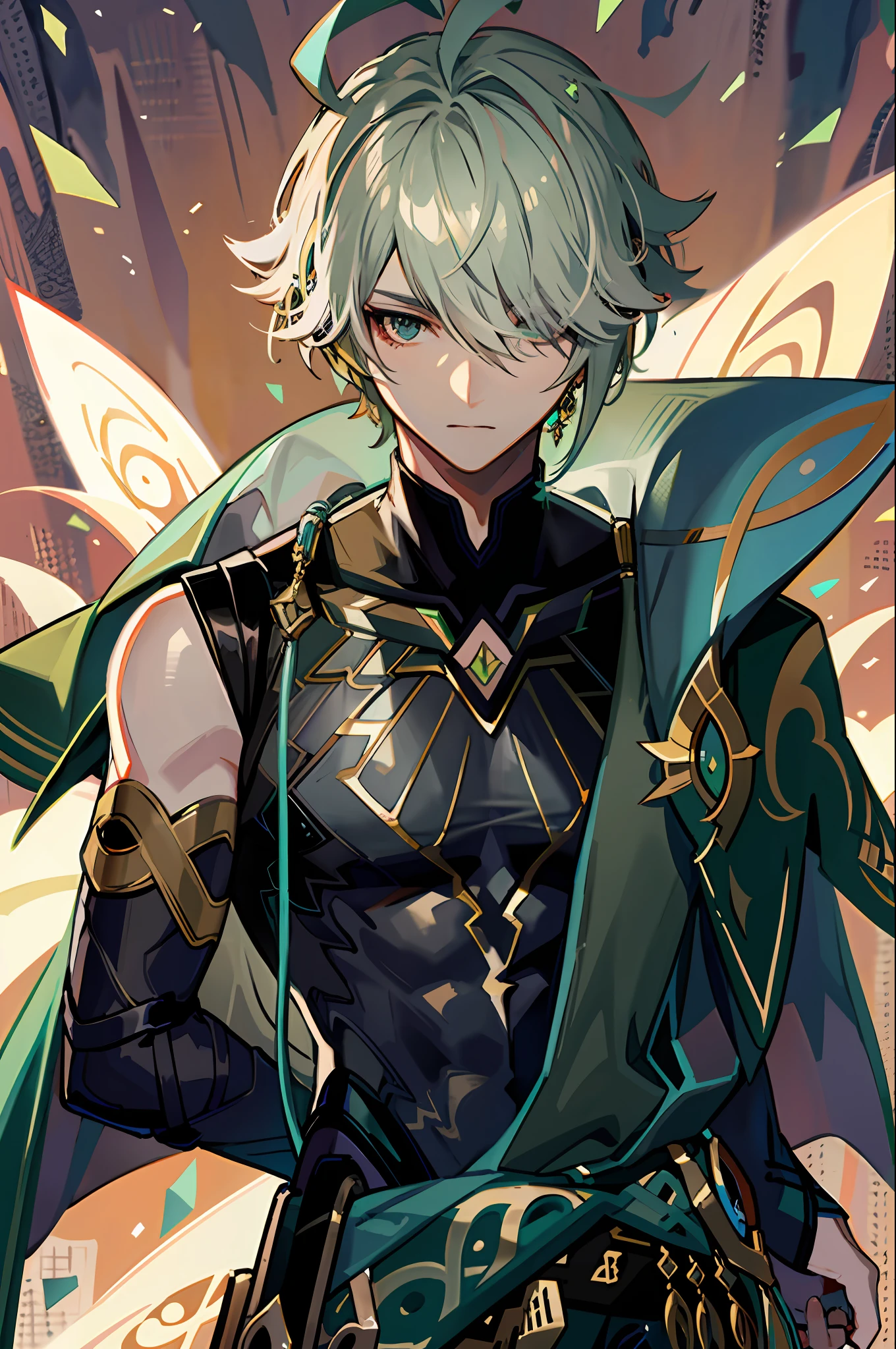 masterpiece, best quality,alhaitham\(genshin impact\), male focus, 1boy, solo, ahoge, shirt, green cape, hair over one eye, bangs